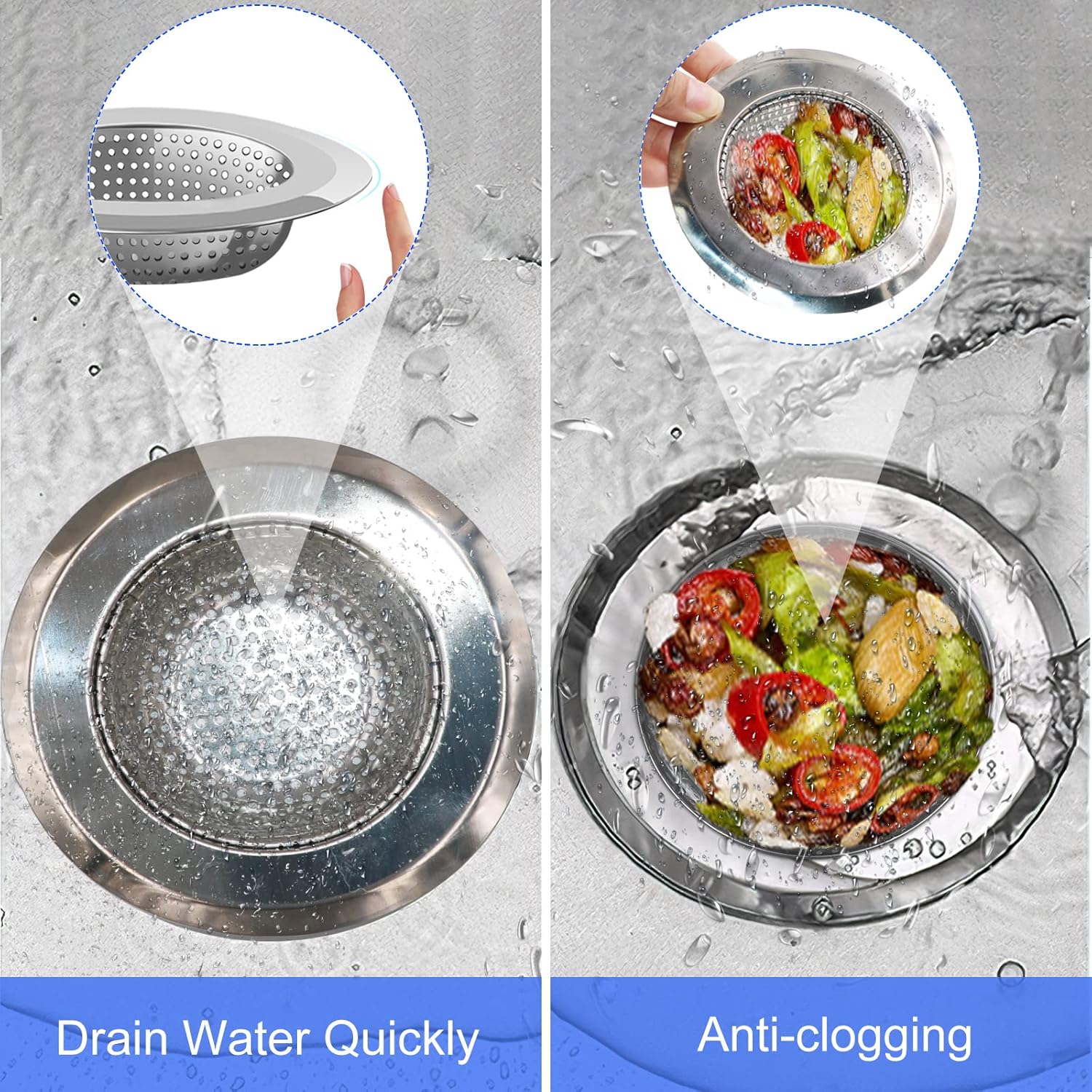 Sink Strainer Stopper 4 Pack, Universal Silicone Kitchen Drain Cover Plug Kit, 4.5 Inch Stainless Steel Filter Strainer, Food Catcher for - - Image 6
