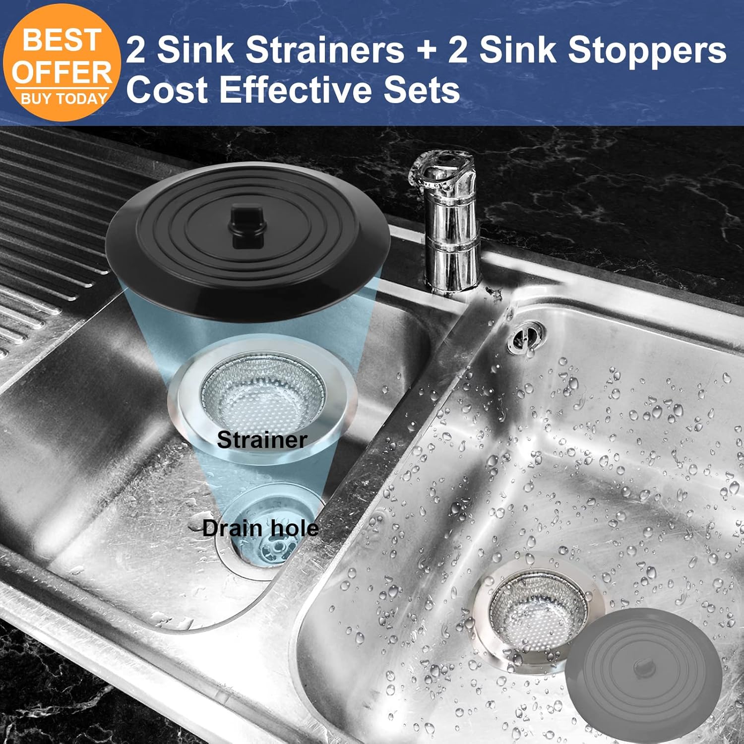 Sink Strainer Stopper 4 Pack, Universal Silicone Kitchen Drain Cover Plug Kit, 4.5 Inch Stainless Steel Filter Strainer, Food Catcher for - - Image 7