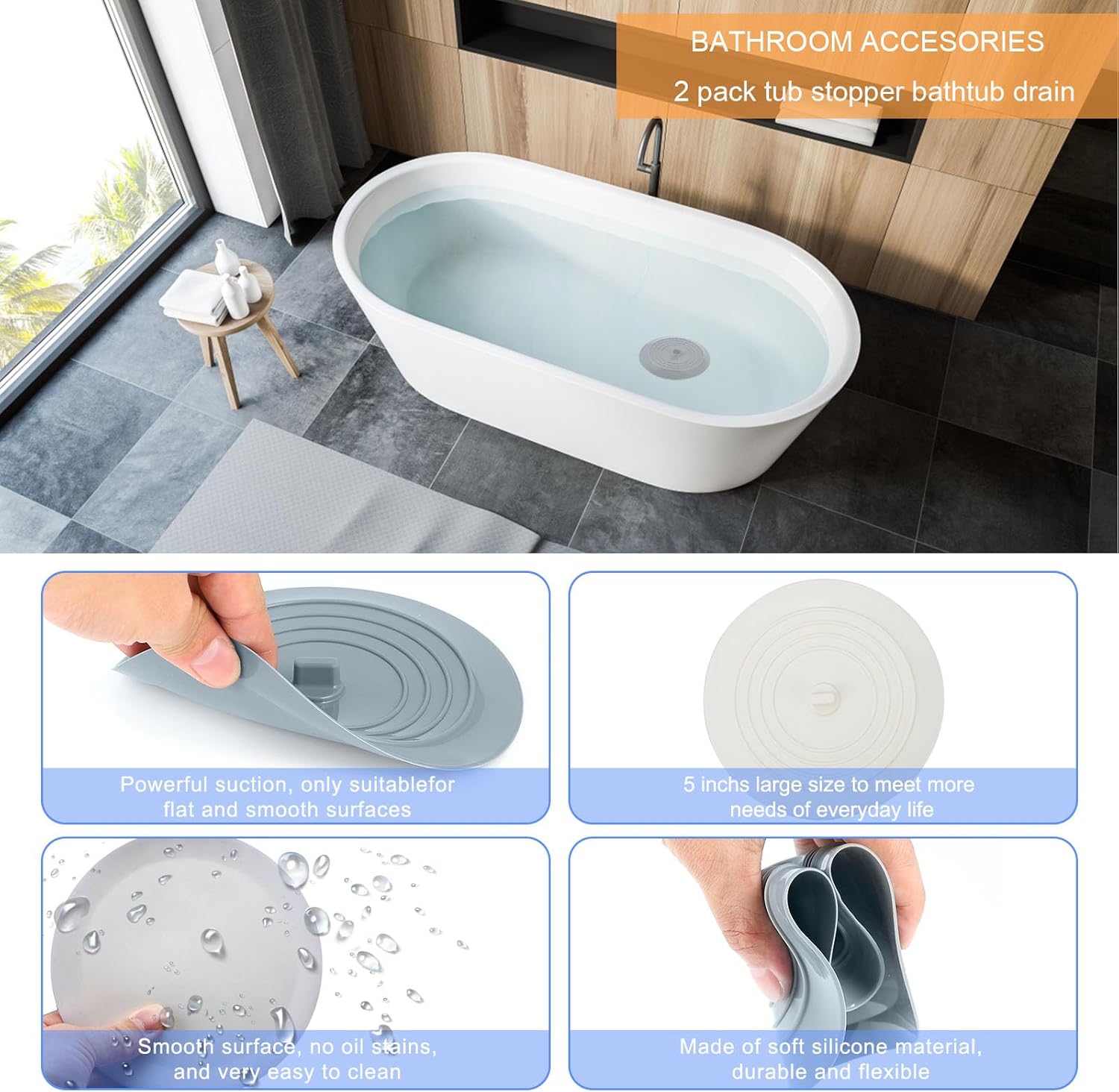 Bathtub Drain Stopper 3 Pack,  5inch Tub Cover, Silicone Bath Plug Essentials Flat Suction for Kitchen Bathroom Laundry Accessories - - Image 5