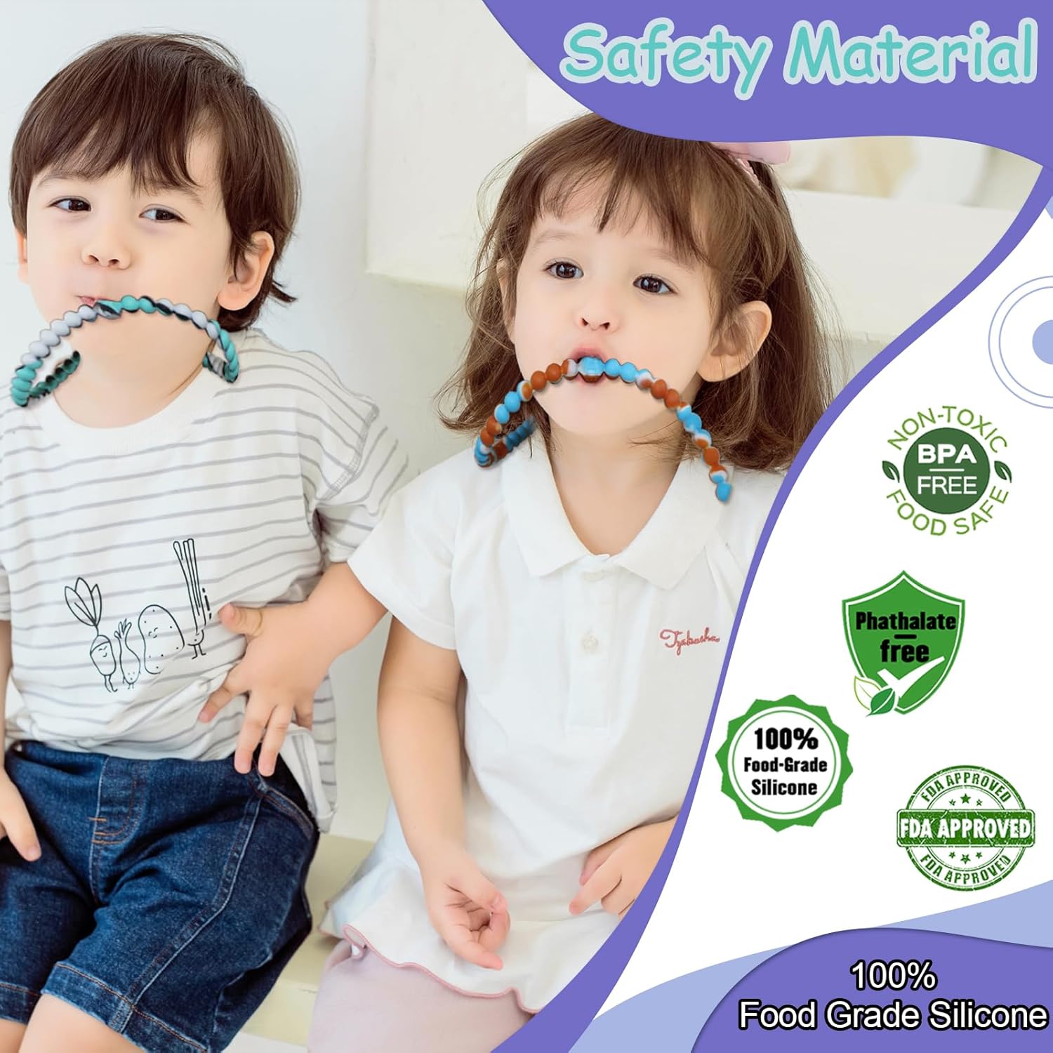 Chew Necklaces for Sensory Kids, 2 Pack Chewy Necklace Toys Reduces Stress and Anxiety, Kids with ADHD, Autism, SPD Tie-dye Orange green - - Image 2