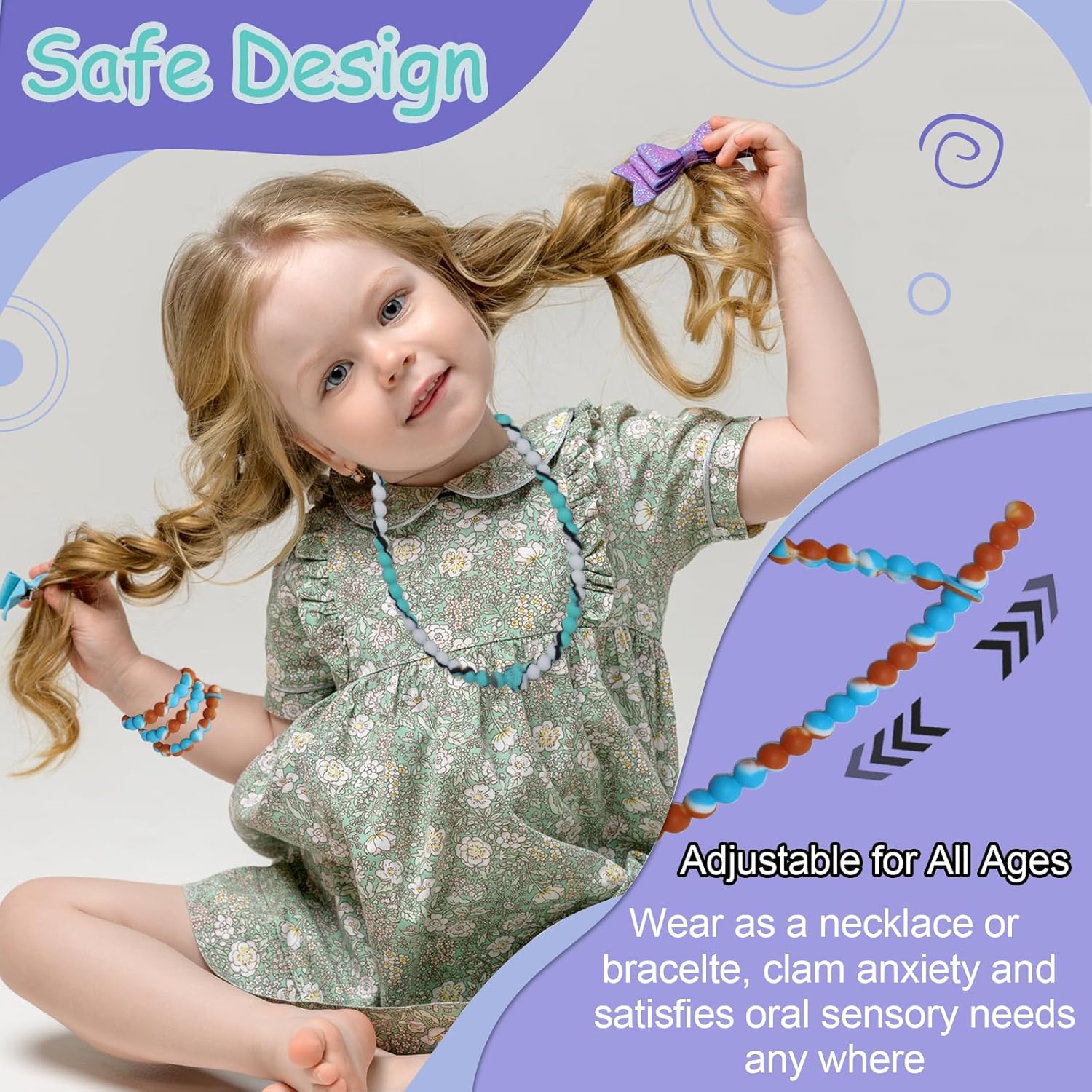Chew Necklaces for Sensory Kids, 2 Pack Chewy Necklace Toys Reduces Stress and Anxiety, Kids with ADHD, Autism, SPD Tie-dye Orange green - - Image 5