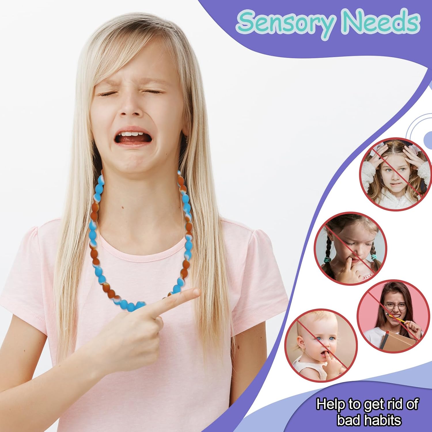 Chew Necklaces for Sensory Kids, 2 Pack Chewy Necklace Toys Reduces Stress and Anxiety, Kids with ADHD, Autism, SPD Tie-dye Orange green - - Image 6