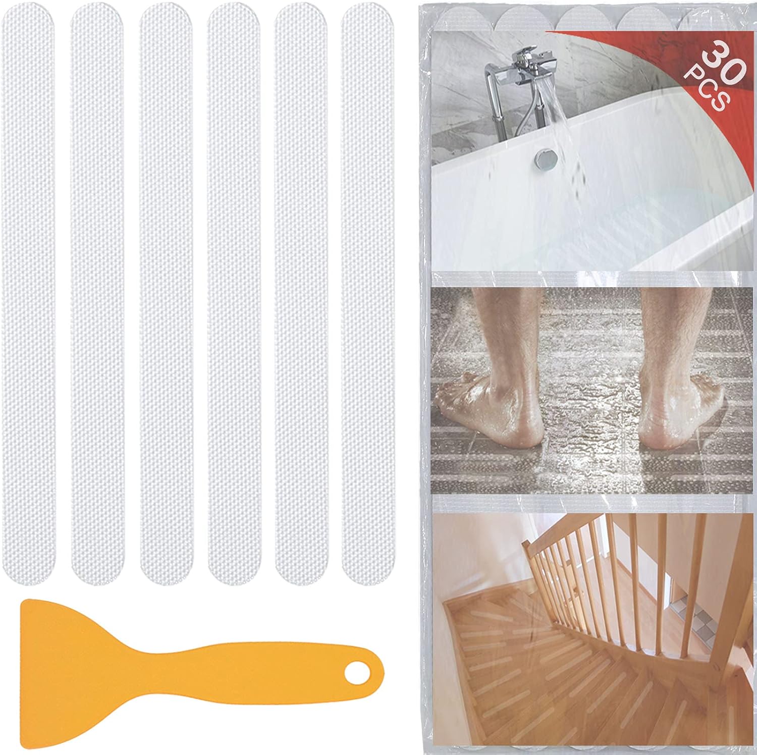 30 PCS Non Slip Shower Stickers, Safety Adhesive Strips Treads for Bathroom Floor Tub Stairs Ladders Pools Boats, Bathtub Appliques Adults & Kids with Scraper (Clear) Clear - - Image 1