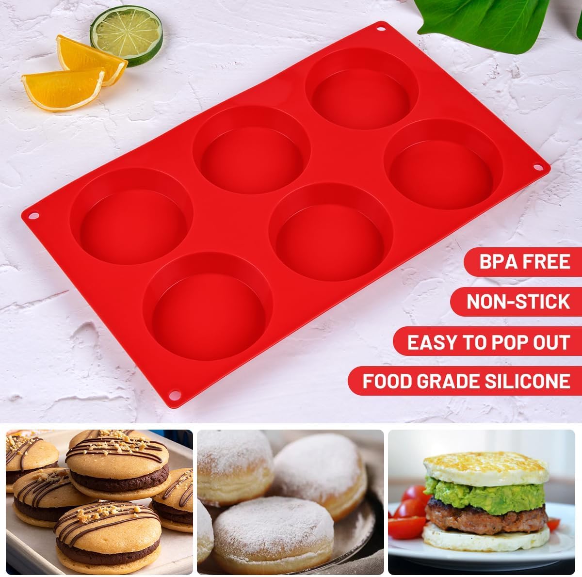 Muffin Top Pan, Silicone Egg Molds for Breakfast Sandwiches 3 Inch Round Baking English Muffins, Whoopie Pies, Corn Bread, Bites, Tarts Pack Red Regular inch - 3pcs - Image 4