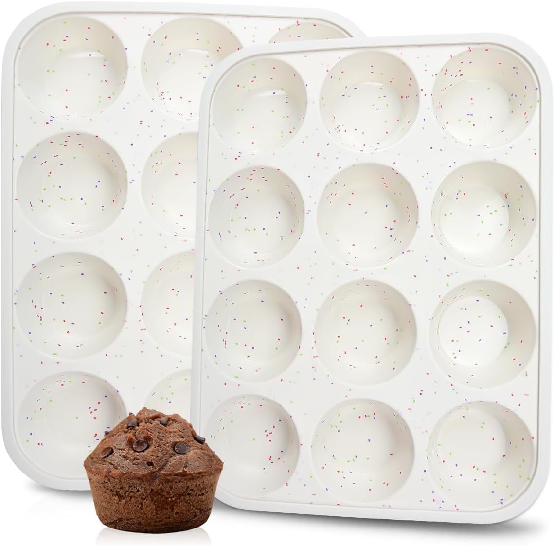 Silicone Muffin Pan, Metal Reinforced Frame Cupcake Pan 12 Cups Regular Size Easy to Move in or Out of Oven Non-Stick (2) Confetti: 2pcs - - Image 1