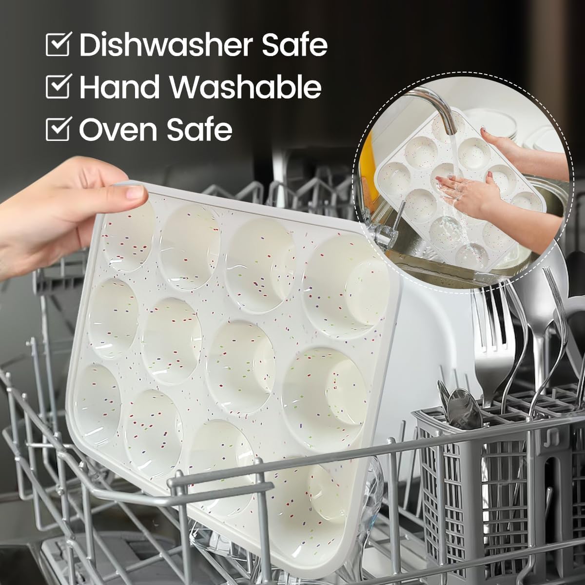 Silicone Muffin Pan, Metal Reinforced Frame Cupcake Pan 12 Cups Regular Size Easy to Move in or Out of Oven Non-Stick (2) Confetti: 2pcs - - Image 8