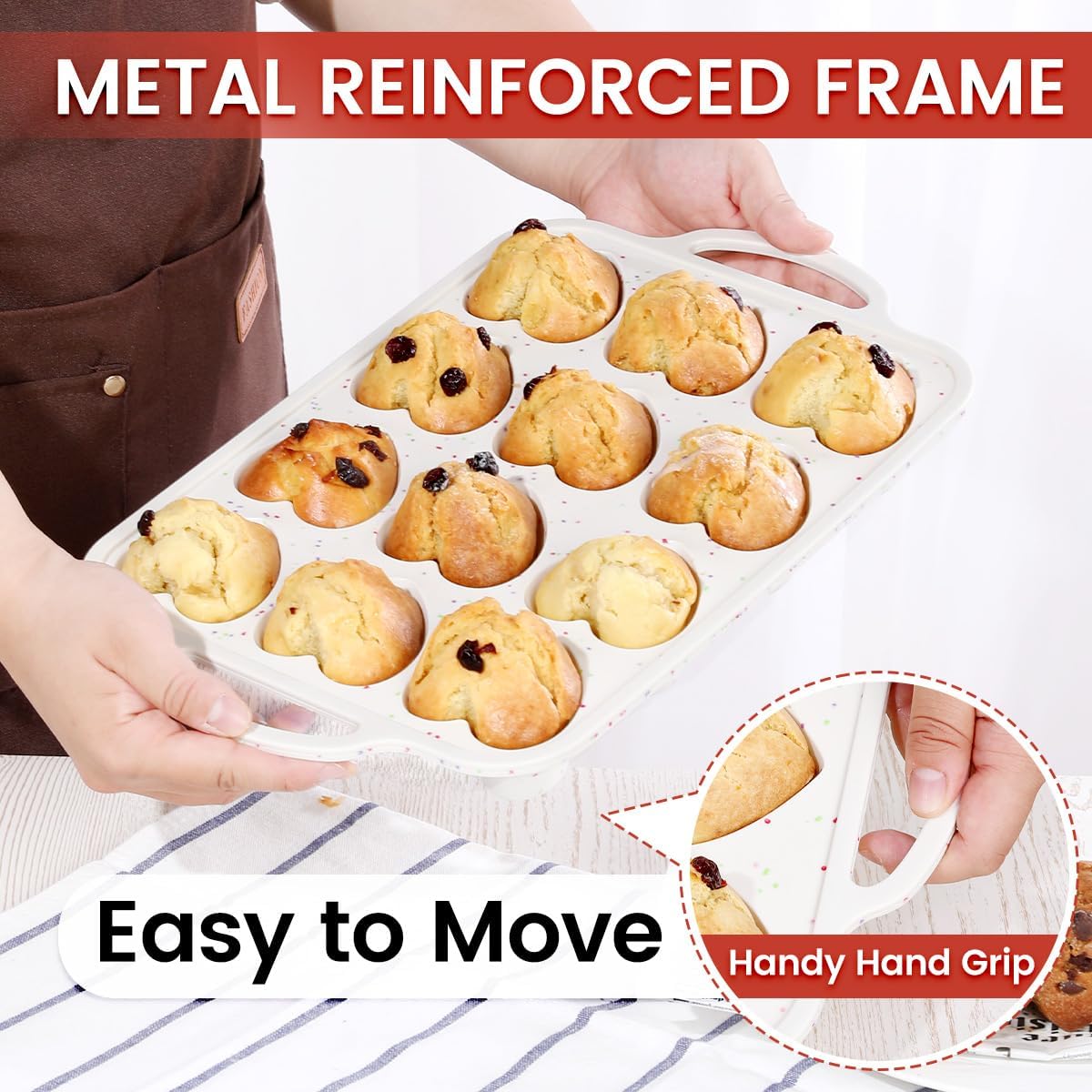 Heart Shaped Silicone Muffin Pan, Metal Reinforced Frame 12 Cups Molds for Valentine's Day Baking Muffins, Cupcakes, Tartlets, Egg Bites, Chocolate Muffin, Soaps 2 Pack Creamy: Confetti - - Image 4
