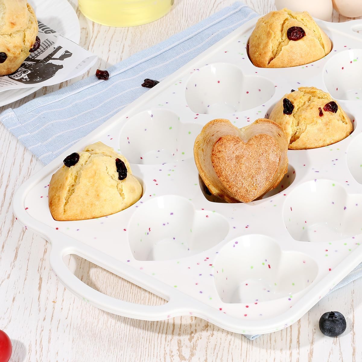Heart Shaped Silicone Muffin Pan, Metal Reinforced Frame 12 Cups Molds for Valentine's Day Baking Muffins, Cupcakes, Tartlets, Egg Bites, Chocolate Muffin, Soaps 2 Pack Creamy: Confetti - - Image 7
