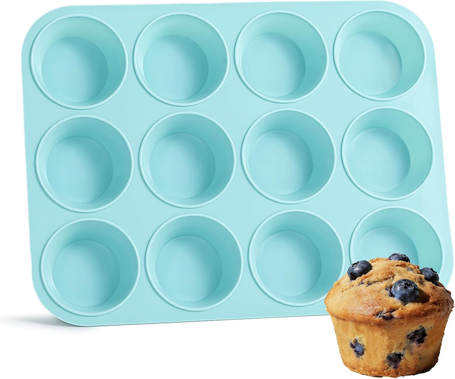 Silicone Muffin Pan, Regular Size 12 Cups Non Stick Cupcake Pan for Baking, Light Blue - - Image 1