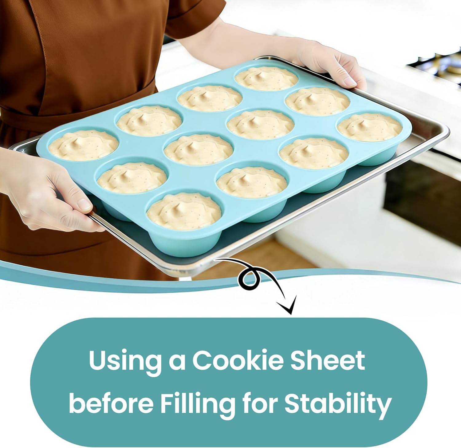 Silicone Muffin Pan, Regular Size 12 Cups Non Stick Cupcake Pan for Baking, Light Blue - - Image 2