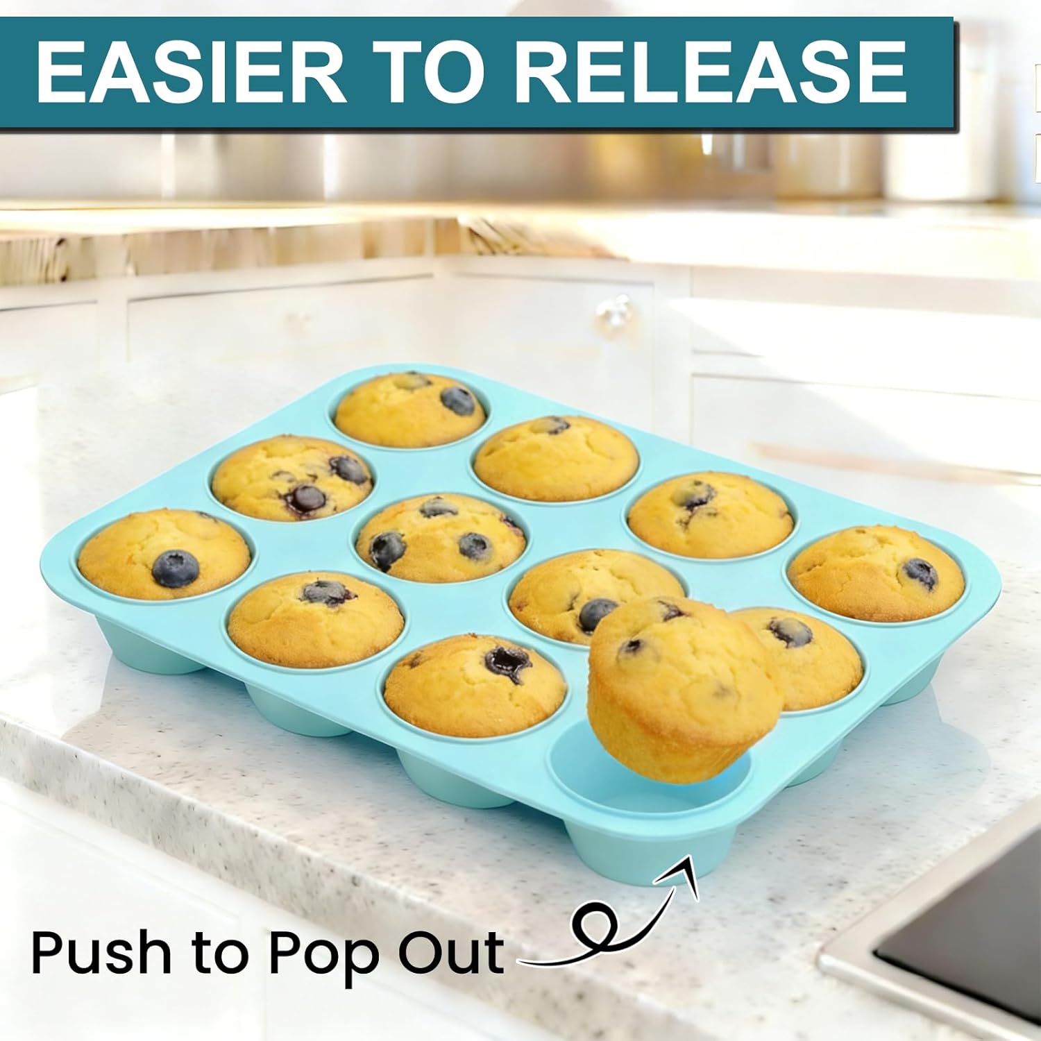 Silicone Muffin Pan, Regular Size 12 Cups Non Stick Cupcake Pan for Baking, Light Blue - - Image 7