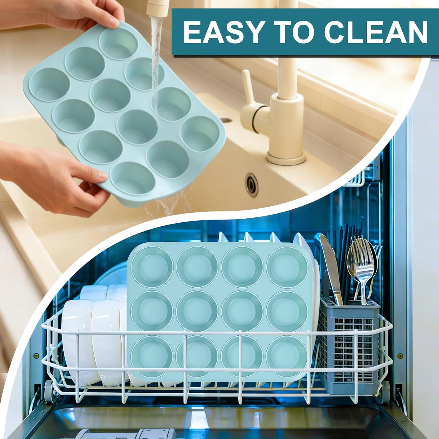 Silicone Muffin Pan, Regular Size 12 Cups Non Stick Cupcake Pan for Baking, Light Blue - - Image 8