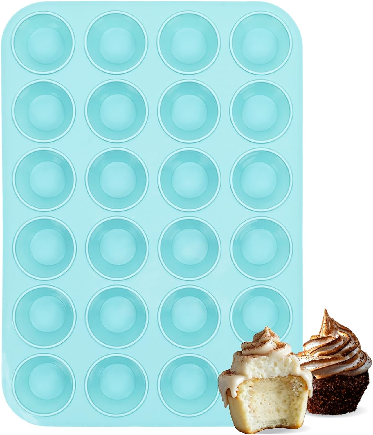 Silicone Mini Muffin Pan, 24 Cups Nonstick Cupcake Pan for Baking Muffin, Cupcake, Egg Bites, Fat Bomb, Light Blue - - Image 1