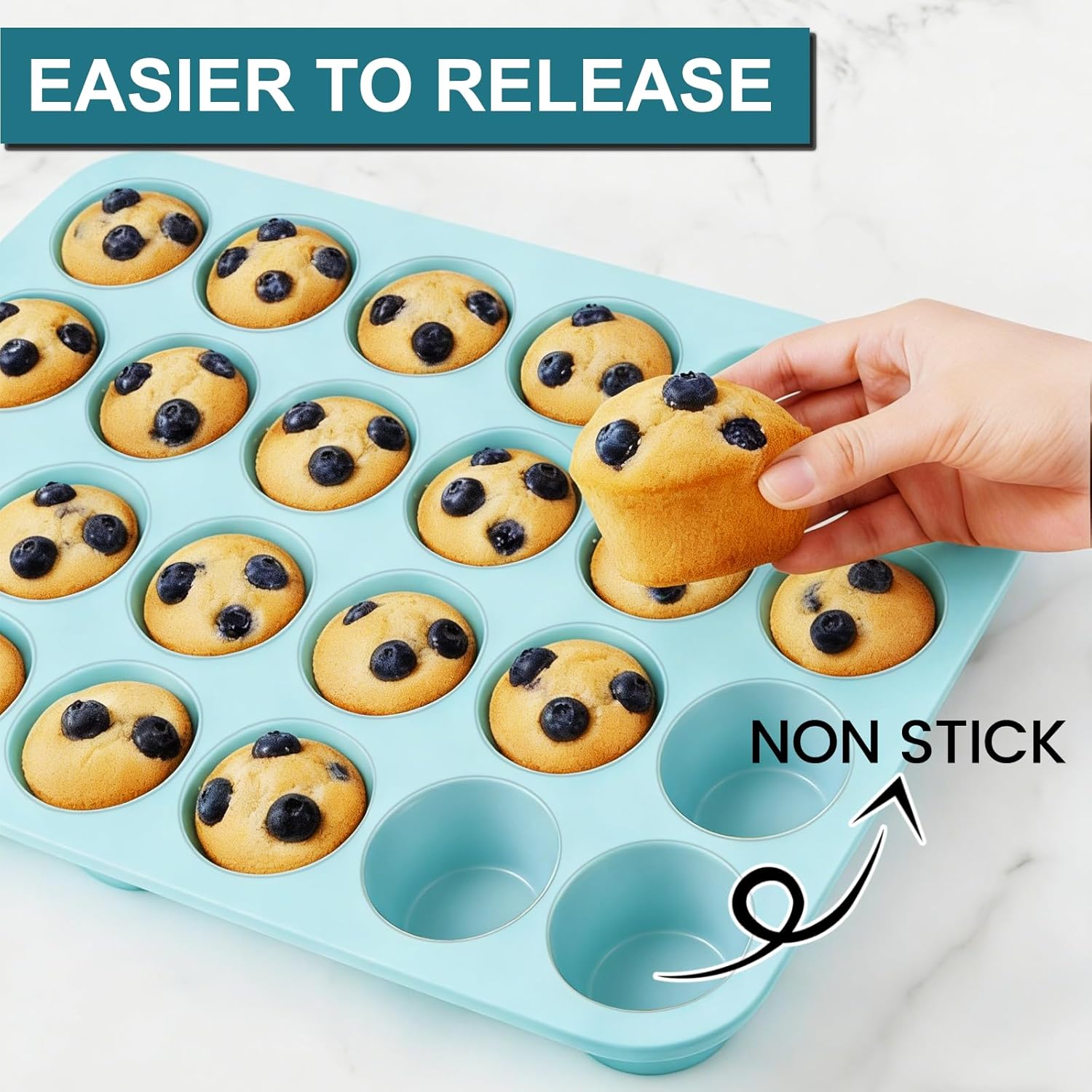 Silicone Mini Muffin Pan, 24 Cups Nonstick Cupcake Pan for Baking Muffin, Cupcake, Egg Bites, Fat Bomb, Light Blue - - Image 6