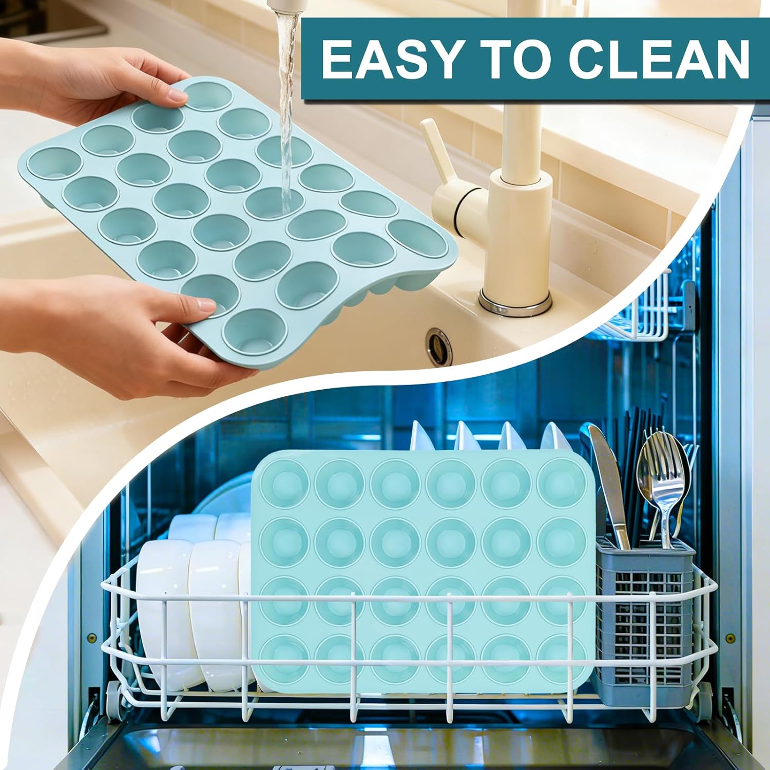 Silicone Mini Muffin Pan, 24 Cups Nonstick Cupcake Pan for Baking Muffin, Cupcake, Egg Bites, Fat Bomb, Light Blue - - Image 7