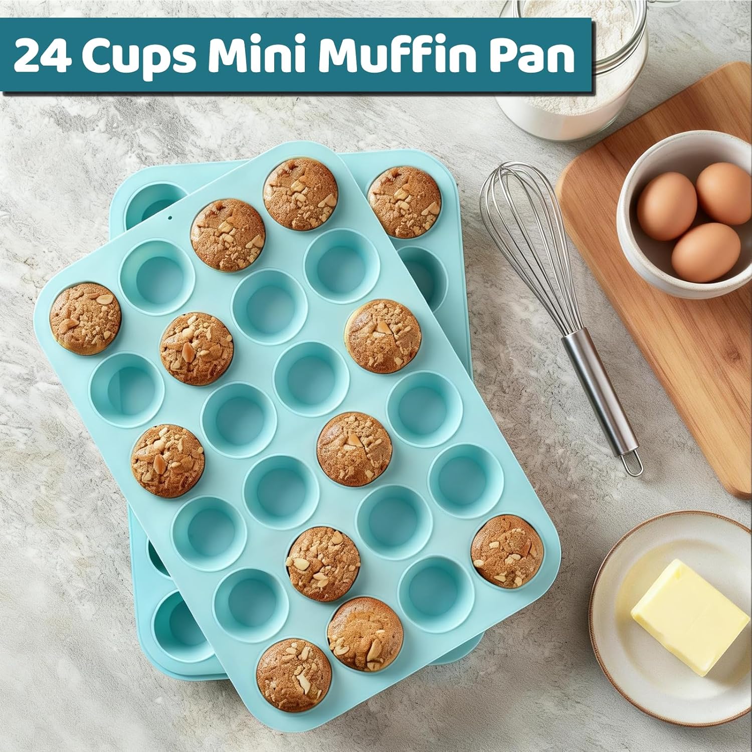 Silicone Mini Muffin Pan, 24 Cups Nonstick Cupcake Pan for Baking Muffin, Cupcake, Egg Bites, Fat Bomb, Light Blue - - Image 8