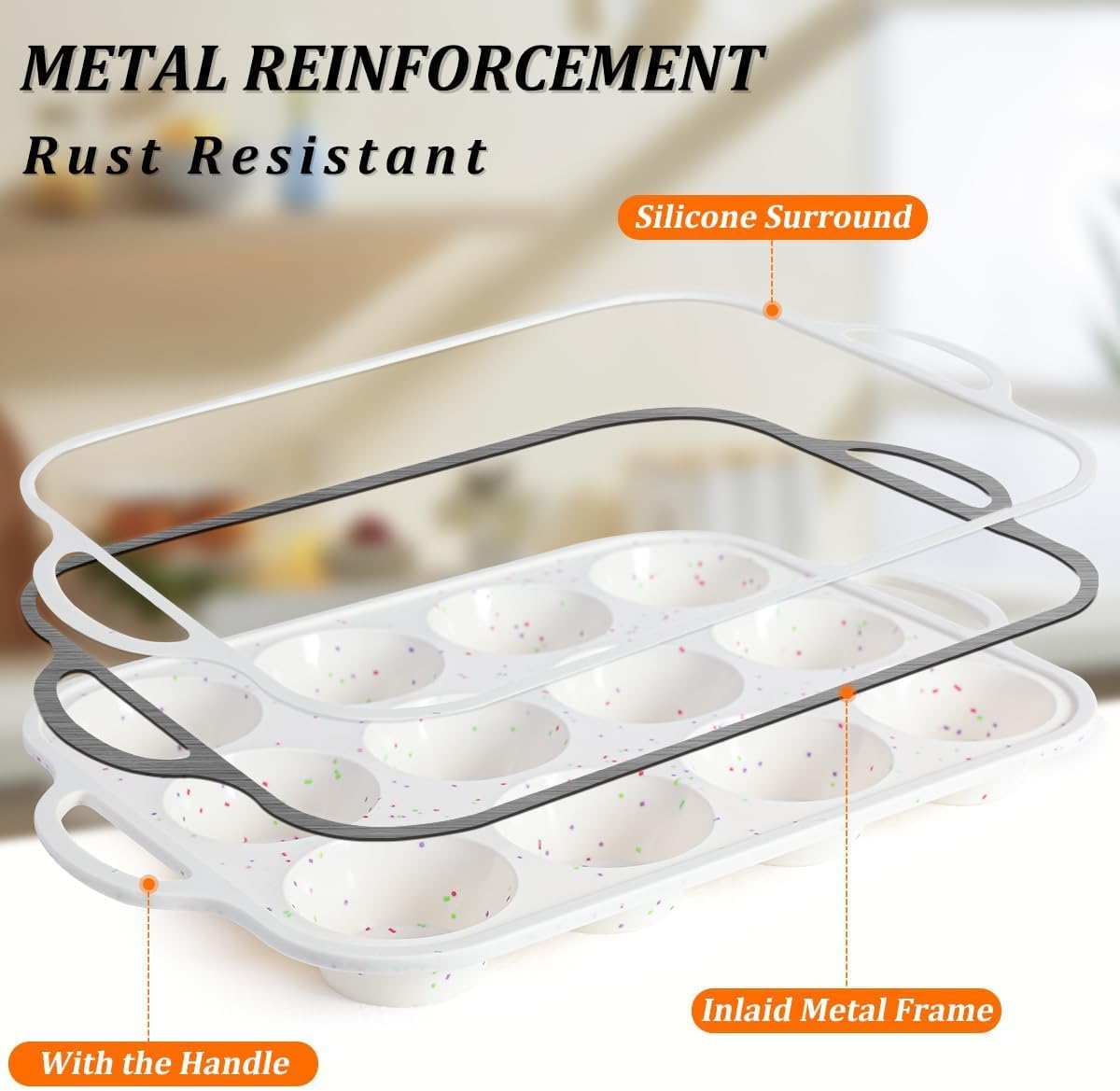 Silicone Muffin Pan Nonstick Cupcake ＆ Metal Reinforced Frame Regular Size Pans Tray for Baking BPA Free - - Image 3