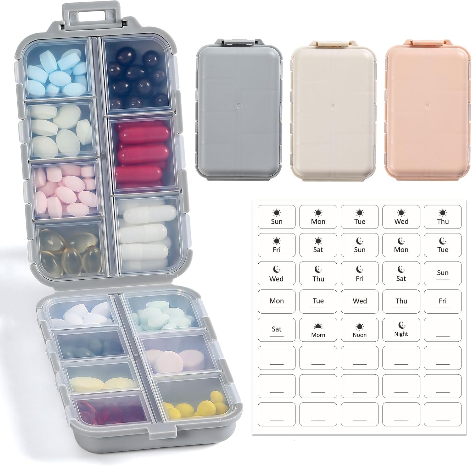 14 Grids Pill Organizer Box with Labels, Travel Medication Holder Dispenser Case Kit, Pocket Daily Pharmacy Container for Fish Oil Vitamin Supplement Storage, Khaki Pink Grey, 3 Pack Khaki+pink+grey - Image 1