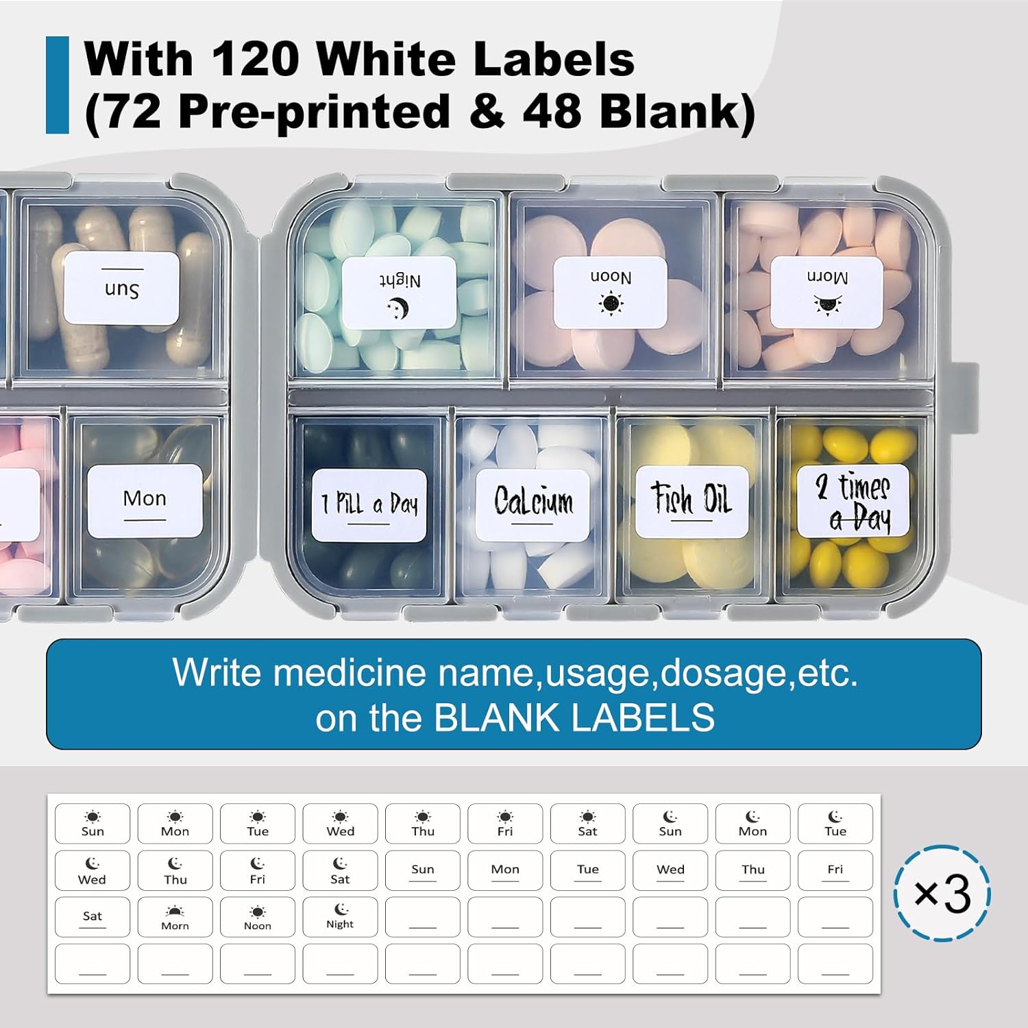 14 Grids Pill Organizer Box with Labels, Travel Medication Holder Dispenser Case Kit, Pocket Daily Pharmacy Container for Fish Oil Vitamin Supplement Storage, Khaki Pink Grey, 3 Pack Khaki+pink+grey - Image 5
