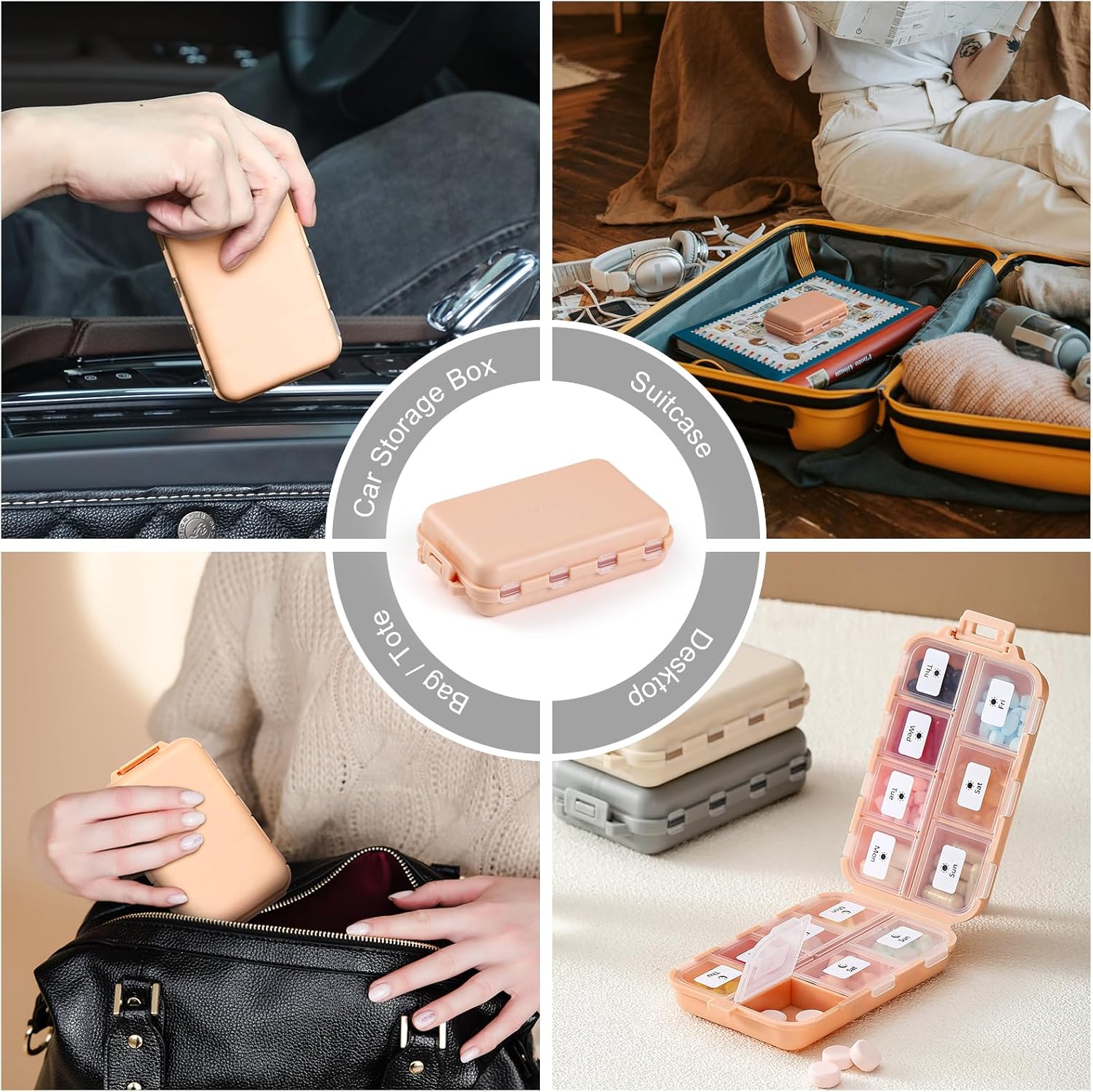 14 Grids Pill Organizer Box with Labels, Travel Medication Holder Dispenser Case Kit, Pocket Daily Pharmacy Container for Fish Oil Vitamin Supplement Storage, Khaki Pink Grey, 3 Pack Khaki+pink+grey - Image 7