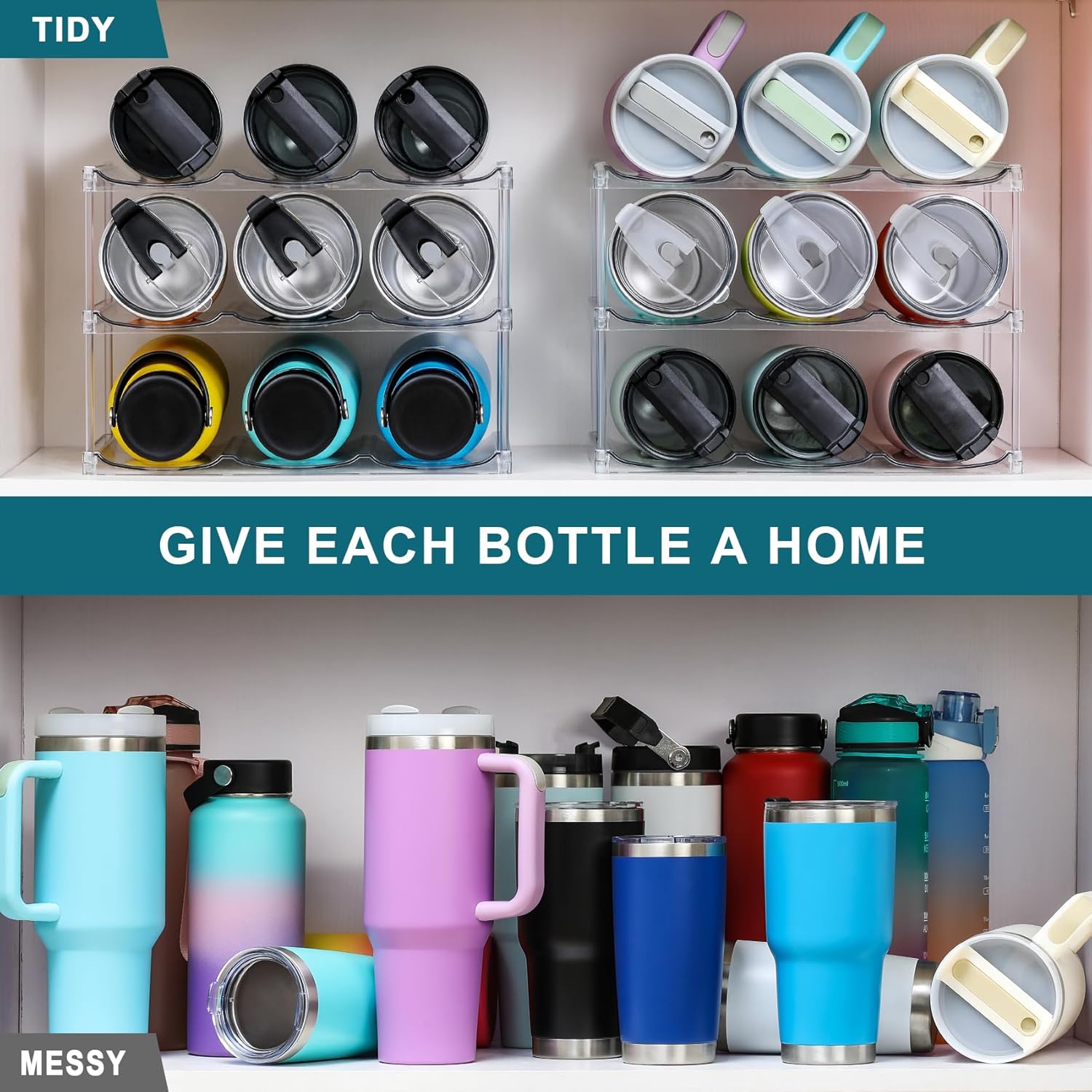 LARGER Compartment - Stackable Water Bottle Organizer Holder for Stanley & Others' Large Tumbler Clear Wine Rack, Cup Cabinet Home Countertop Fridge Pantry Shelf, 3 Tier Hold 9 - Image 3