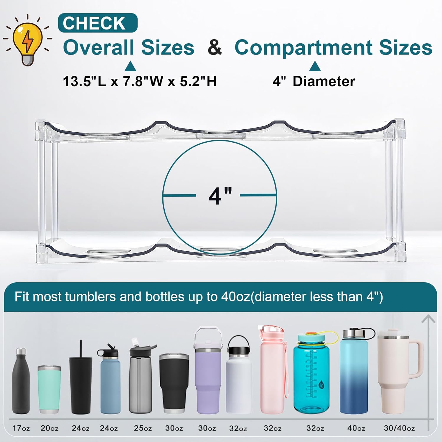 LARGER Compartment - Stackable Water Bottle Organizer Holder for Stanley & Others' Large Tumbler Clear Wine Rack, Cup Cabinet Home Countertop Fridge Pantry Shelf, 3 Tier Hold 9 - Image 4