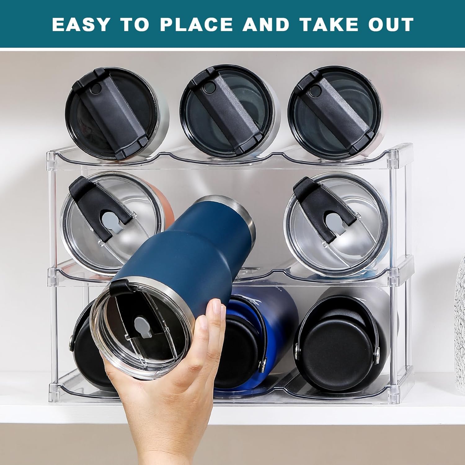 LARGER Compartment - Stackable Water Bottle Organizer Holder for Stanley & Others' Large Tumbler Clear Wine Rack, Cup Cabinet Home Countertop Fridge Pantry Shelf, 3 Tier Hold 9 - Image 8