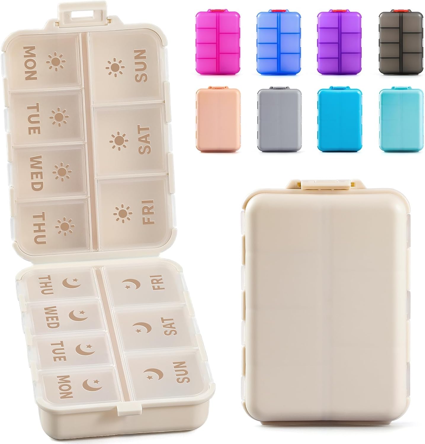 NEW Foldable & Double Protection Portable Weekly Pill Organizer 2 Times A Day with Etched Labels, AM PM 7 Week Medicine Box, Daily Travel Case Holder Dispenser for Vitamin, Supplement - Khaki - Image 1