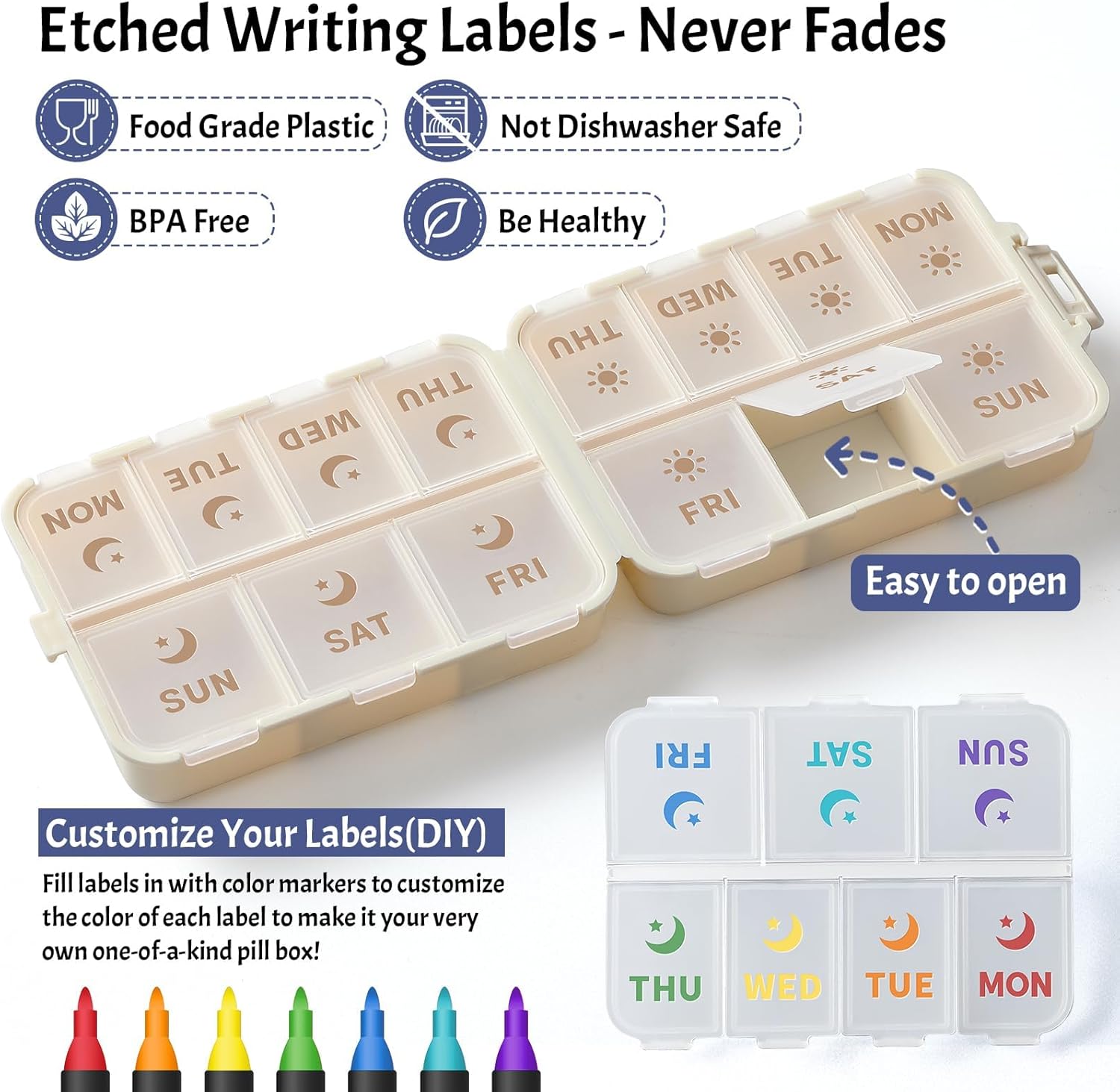 NEW Foldable & Double Protection Portable Weekly Pill Organizer 2 Times A Day with Etched Labels, AM PM 7 Week Medicine Box, Daily Travel Case Holder Dispenser for Vitamin, Supplement - Khaki - Image 2