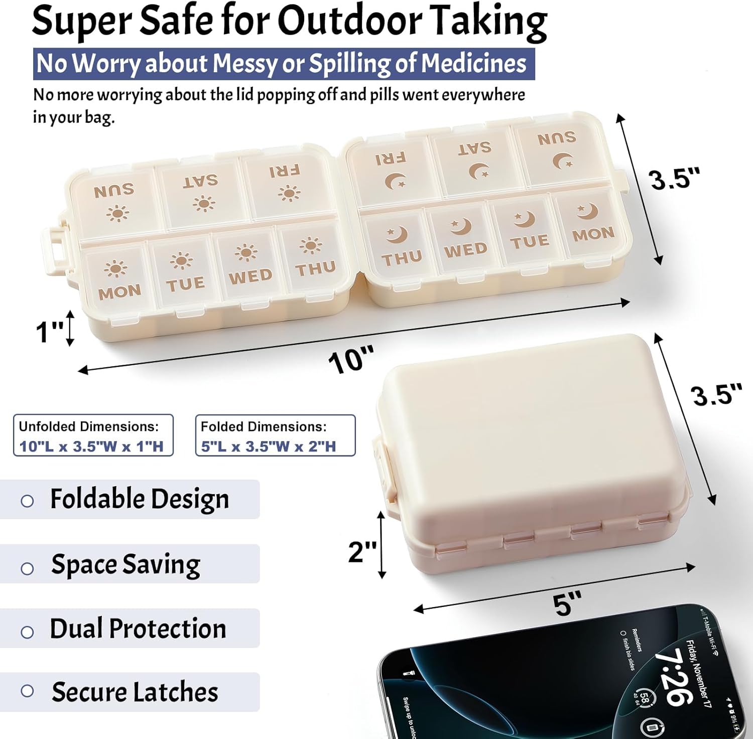 NEW Foldable & Double Protection Portable Weekly Pill Organizer 2 Times A Day with Etched Labels, AM PM 7 Week Medicine Box, Daily Travel Case Holder Dispenser for Vitamin, Supplement - Khaki - Image 3