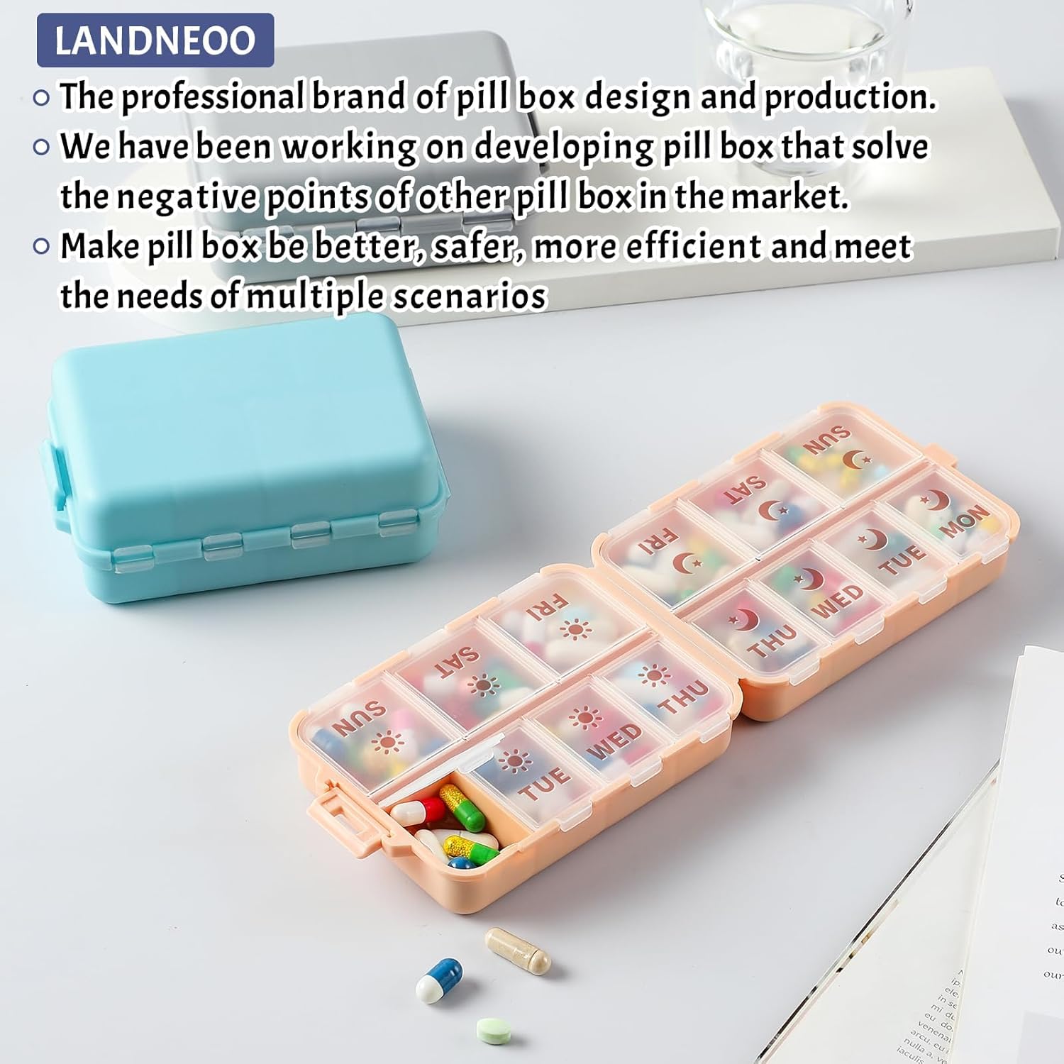 NEW Foldable & Double Protection Portable Weekly Pill Organizer 2 Times A Day with Etched Labels, AM PM 7 Week Medicine Box, Daily Travel Case Holder Dispenser for Vitamin, Supplement - Khaki - Image 7