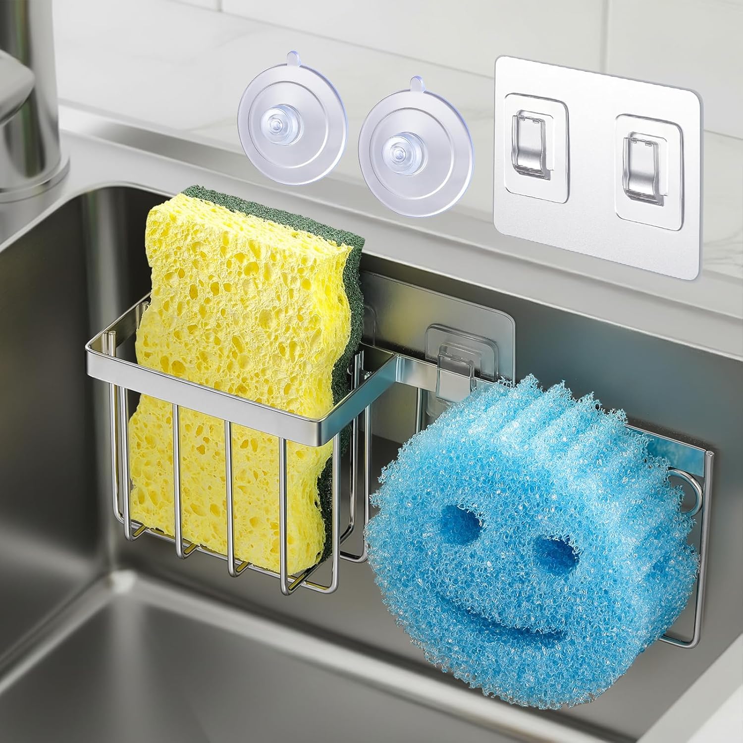 [Slim & Space-saving] Sponge Holder for Kitchen Sink, Caddy Scrub Daddy / Mommy Smiley Face, Sink Organizer Accessories Dish Brush, Scrubber -with 2 Suction Cups 1 Adhesive Hook Silver - - Image 1