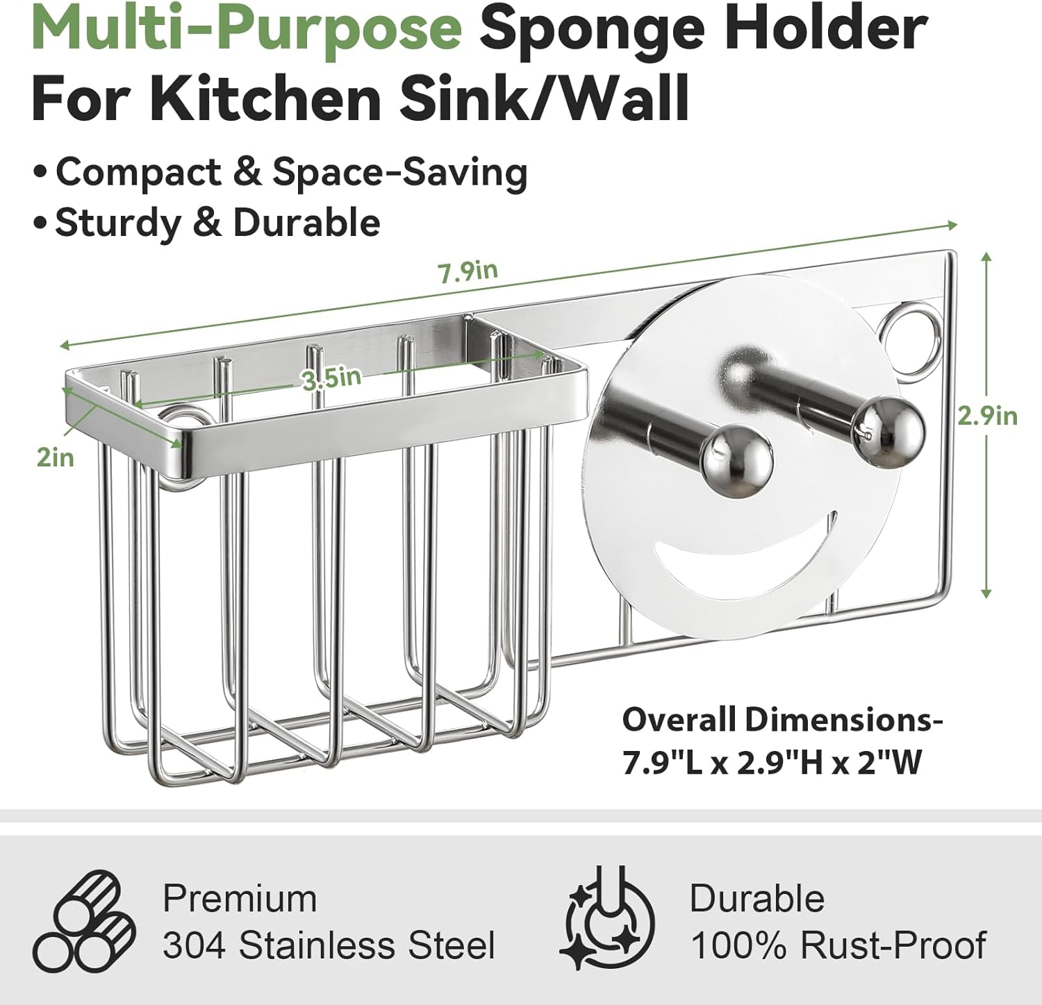 [Slim & Space-saving] Sponge Holder for Kitchen Sink, Caddy Scrub Daddy / Mommy Smiley Face, Sink Organizer Accessories Dish Brush, Scrubber -with 2 Suction Cups 1 Adhesive Hook Silver - - Image 2