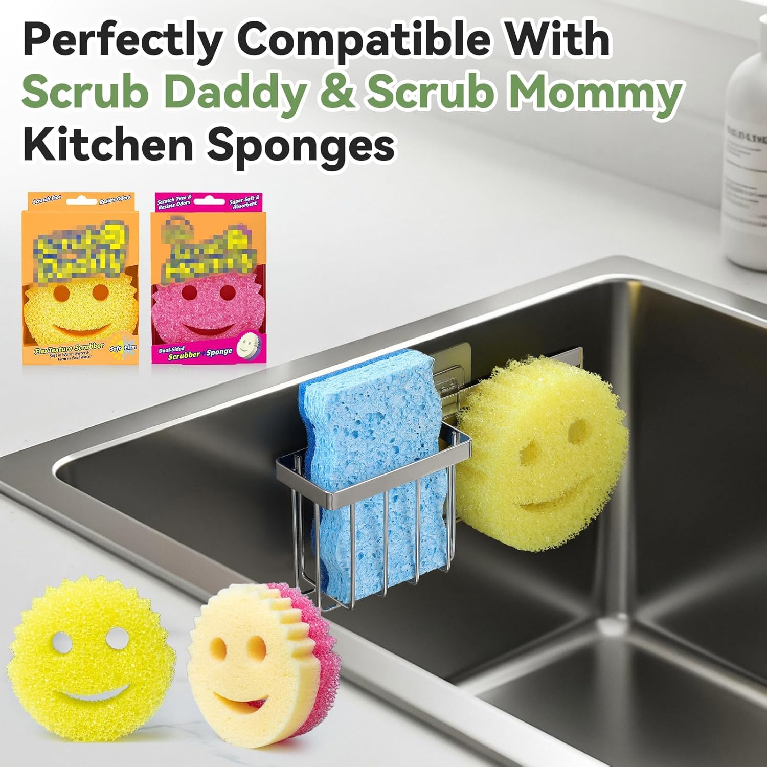 [Slim & Space-saving] Sponge Holder for Kitchen Sink, Caddy Scrub Daddy / Mommy Smiley Face, Sink Organizer Accessories Dish Brush, Scrubber -with 2 Suction Cups 1 Adhesive Hook Silver - - Image 4