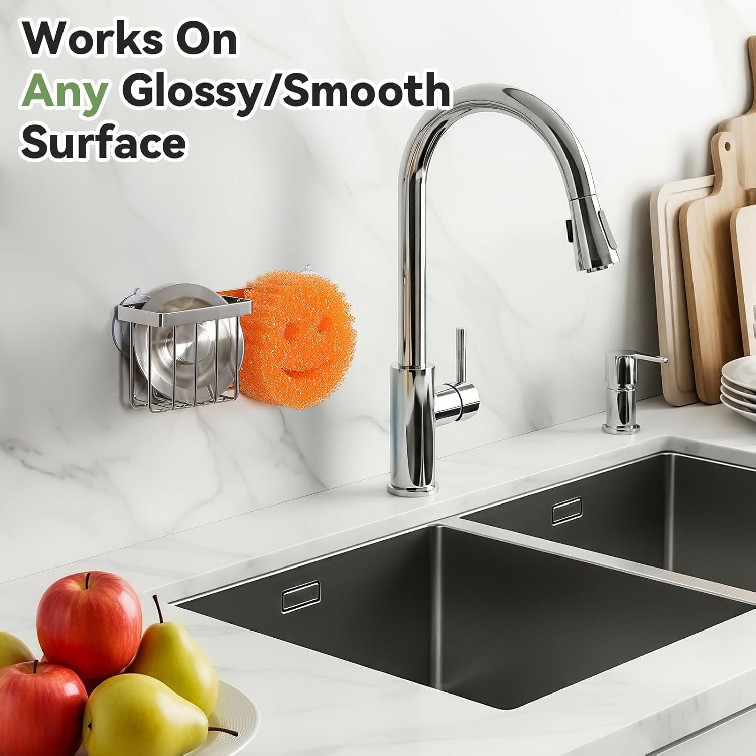 [Slim & Space-saving] Sponge Holder for Kitchen Sink, Caddy Scrub Daddy / Mommy Smiley Face, Sink Organizer Accessories Dish Brush, Scrubber -with 2 Suction Cups 1 Adhesive Hook Silver - - Image 5