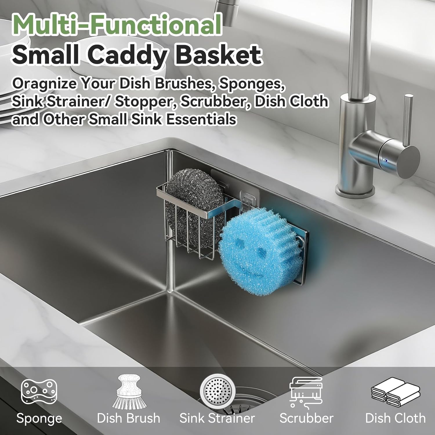 [Slim & Space-saving] Sponge Holder for Kitchen Sink, Caddy Scrub Daddy / Mommy Smiley Face, Sink Organizer Accessories Dish Brush, Scrubber -with 2 Suction Cups 1 Adhesive Hook Silver - - Image 6