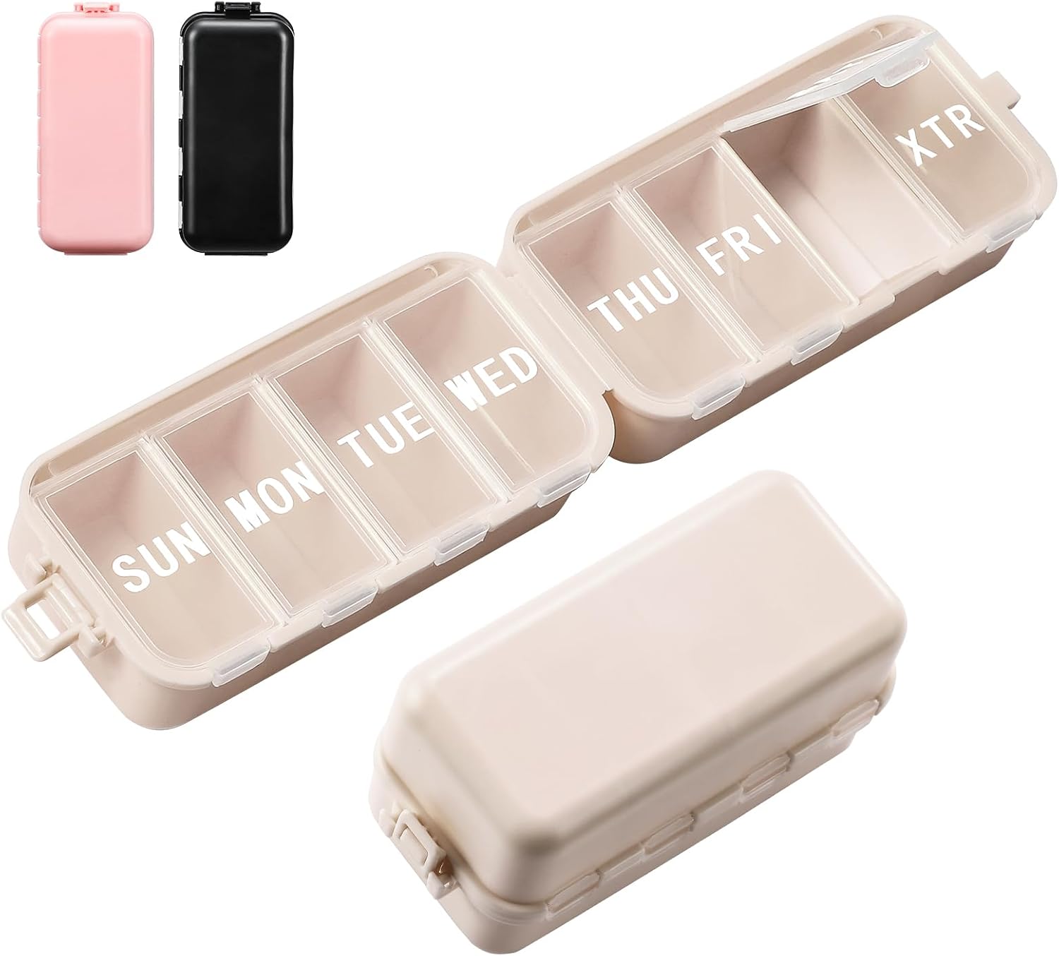 NEW Foldable Weekly Pill Organizer with Extra Grid, Portable 7 Day Box Once / 1 Time a Day, Week Daily Medicine - Large Travel Case Holder Dispenser for Vitamin, Supplement-Khaki Khaki - Image 1
