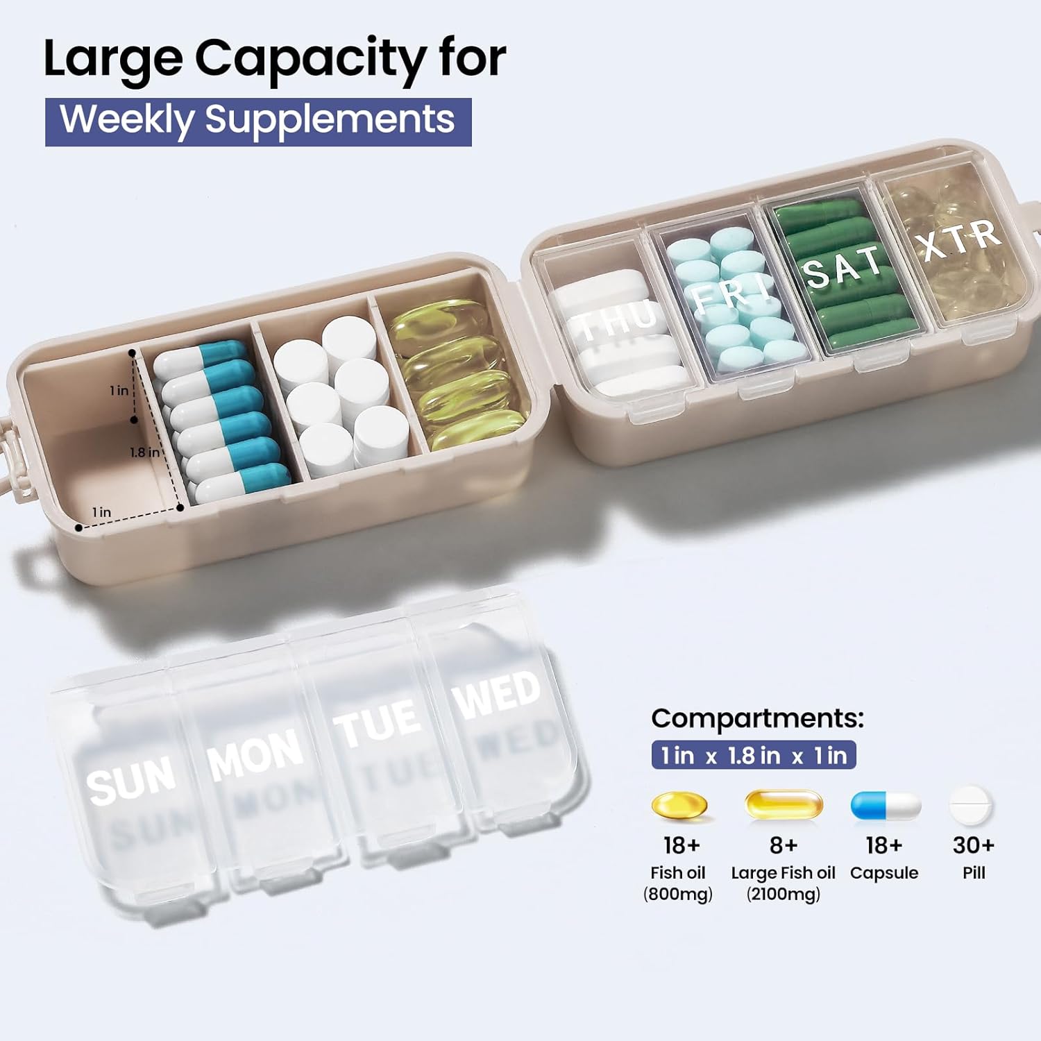 NEW Foldable Weekly Pill Organizer with Extra Grid, Portable 7 Day Box Once / 1 Time a Day, Week Daily Medicine - Large Travel Case Holder Dispenser for Vitamin, Supplement-Khaki Khaki - Image 3