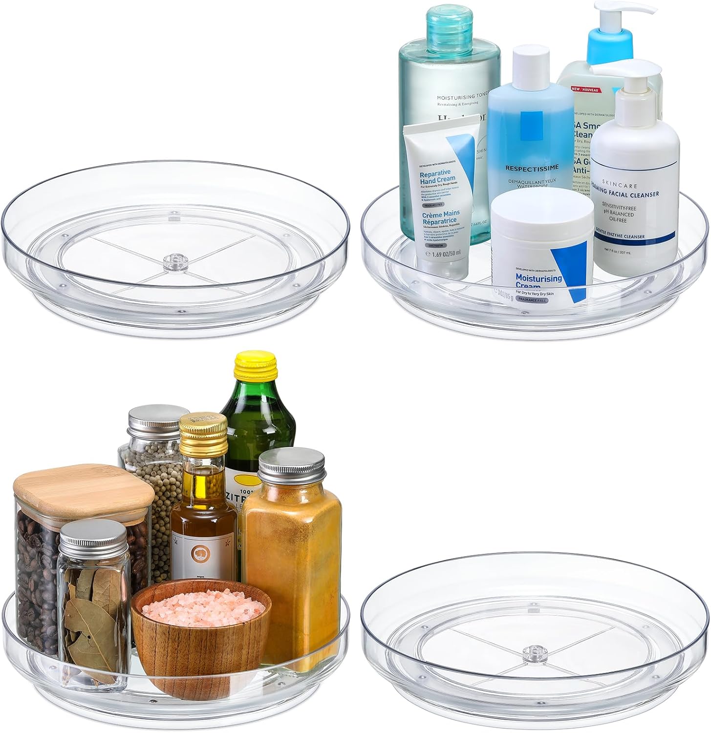 4 Pack 9 Inch Clear Acrylic Lazy Susan, Non-Skid Turntable Organizer for Cabinet, Kitchen, Pantry Organization Storage, Refrigerator, Vanity Makeup, Bathroom Countertop Organizing, Rotating Spice Rack - Image 1