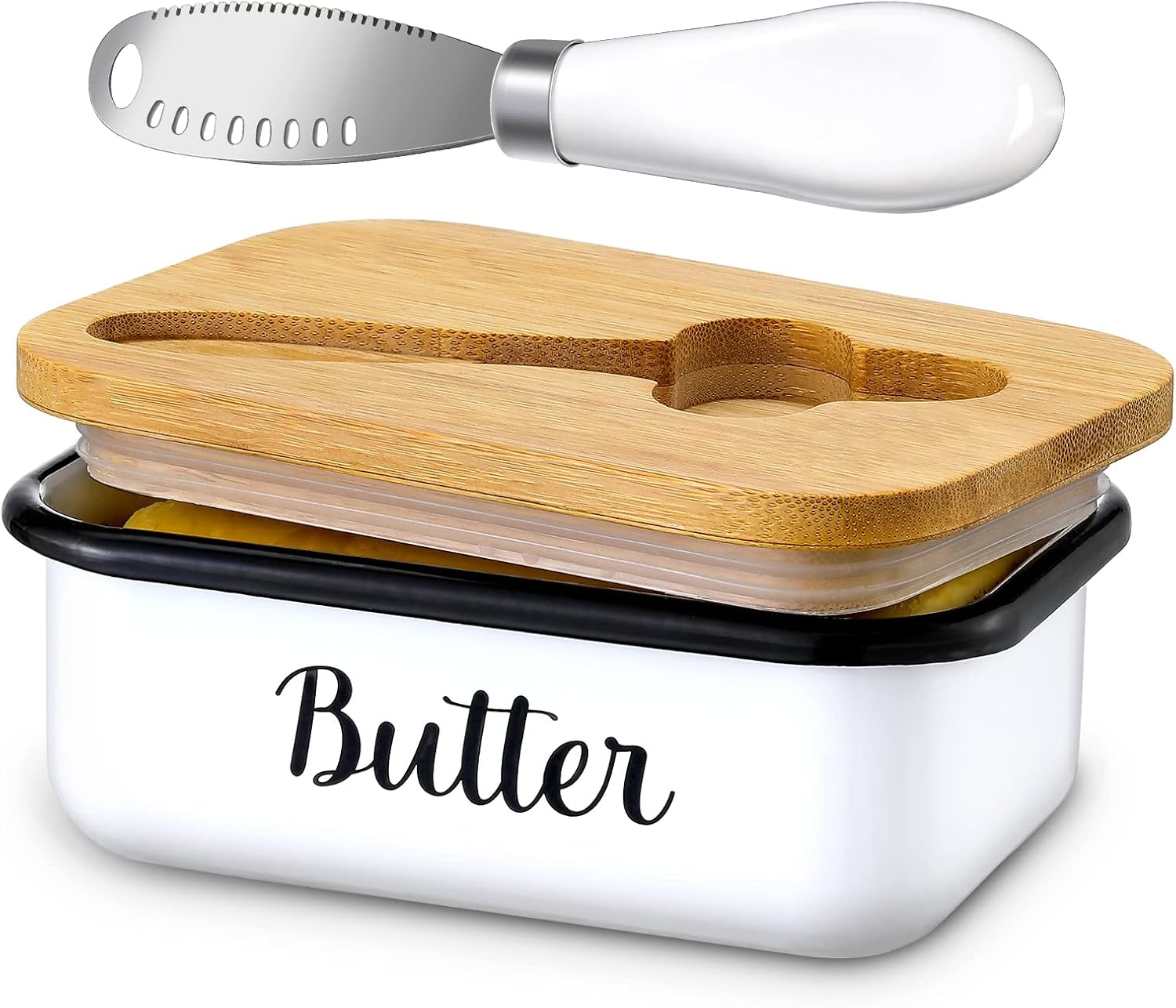 Butter Dish with Lid and Curler Knife - Unbreakable Stainless Steel Keeper Container Double Silicone Sealing, for Kitchen Farmhouse Decor White - Image 1