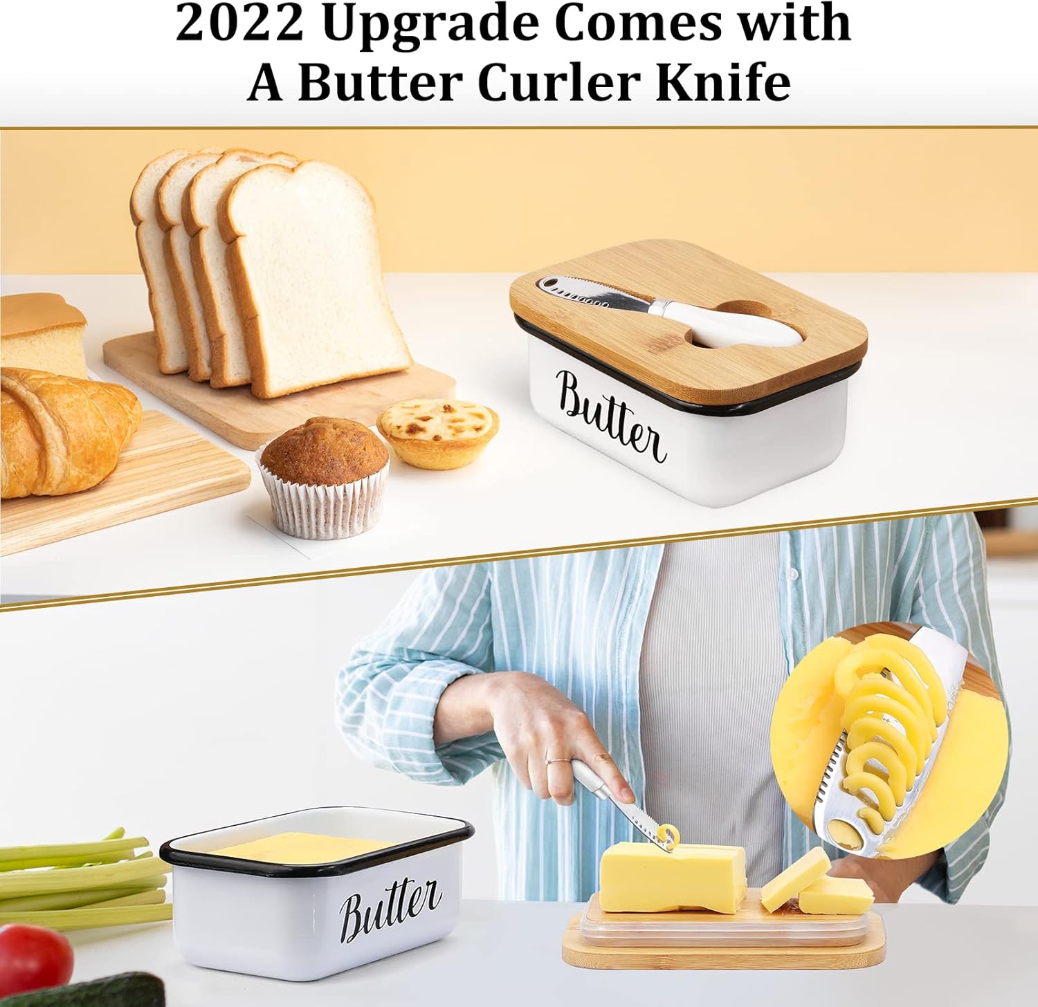 Butter Dish with Lid and Curler Knife - Unbreakable Stainless Steel Keeper Container Double Silicone Sealing, for Kitchen Farmhouse Decor White - Image 2