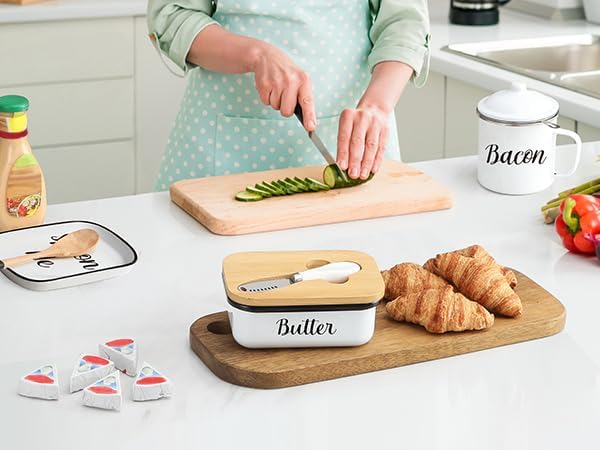 Butter Dish with Lid and Curler Knife - Unbreakable Stainless Steel Keeper Container Double Silicone Sealing, for Kitchen Farmhouse Decor White - Image 3