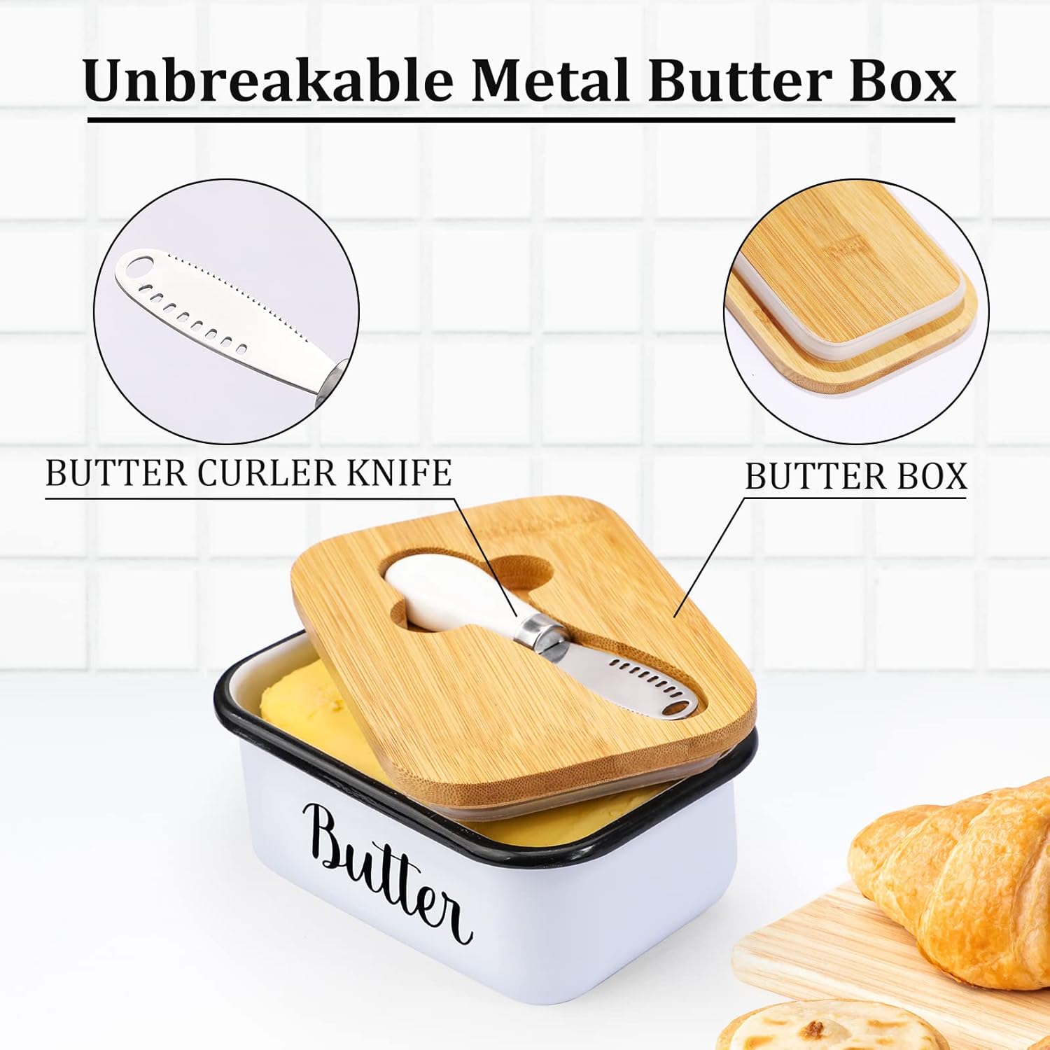 Butter Dish with Lid and Curler Knife - Unbreakable Stainless Steel Keeper Container Double Silicone Sealing, for Kitchen Farmhouse Decor White - Image 4