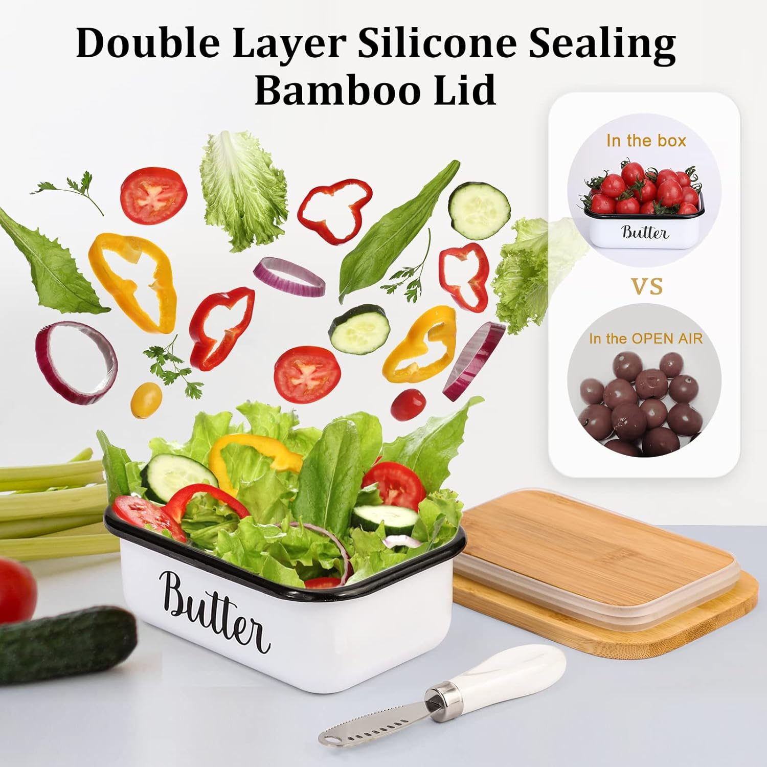 Butter Dish with Lid and Curler Knife - Unbreakable Stainless Steel Keeper Container Double Silicone Sealing, for Kitchen Farmhouse Decor White - Image 5