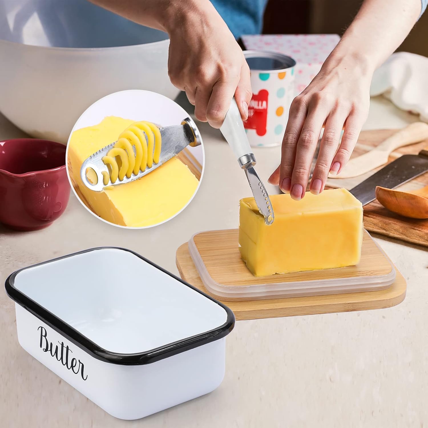Butter Dish with Lid and Curler Knife - Unbreakable Stainless Steel Keeper Container Double Silicone Sealing, for Kitchen Farmhouse Decor White - Image 6