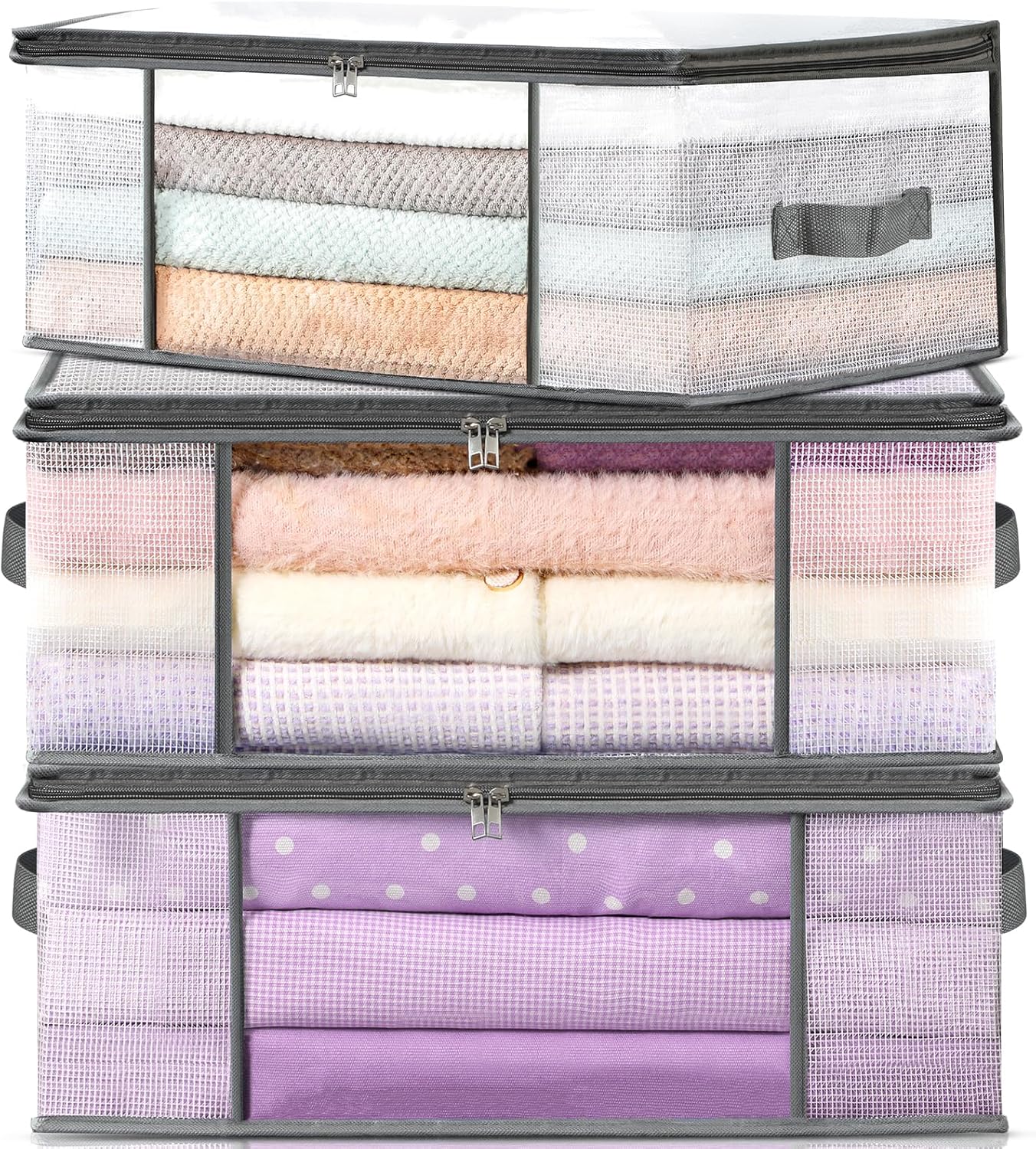 3-Pack Clothes Storage Bags, Plastic Foldable Blanket bins, Closet Organizer Container for Bedroom, Bedding, Comforters, Pillows, and Clothing - 35L with Handles - Image 1