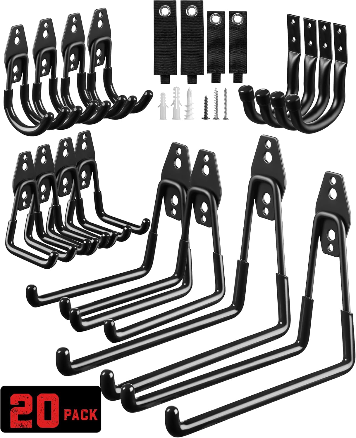 Garage Hooks, 20-Pack Steel Accessories for Organization and Storage, Heavy Wall Mount Duty Hooks with Anti-Slip Coating Hanging Ladder, Bike, Power Tools More Tools, Black - - Image 1