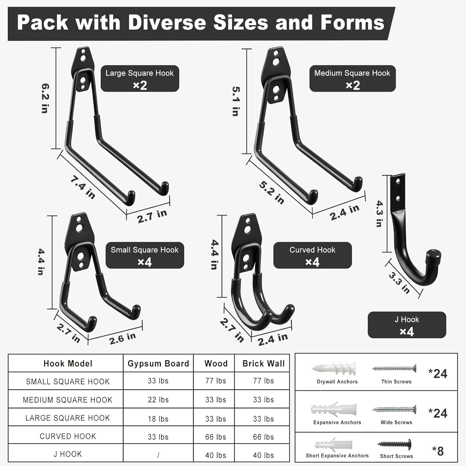 Garage Hooks, 20-Pack Steel Accessories for Organization and Storage, Heavy Wall Mount Duty Hooks with Anti-Slip Coating Hanging Ladder, Bike, Power Tools More Tools, Black - - Image 2