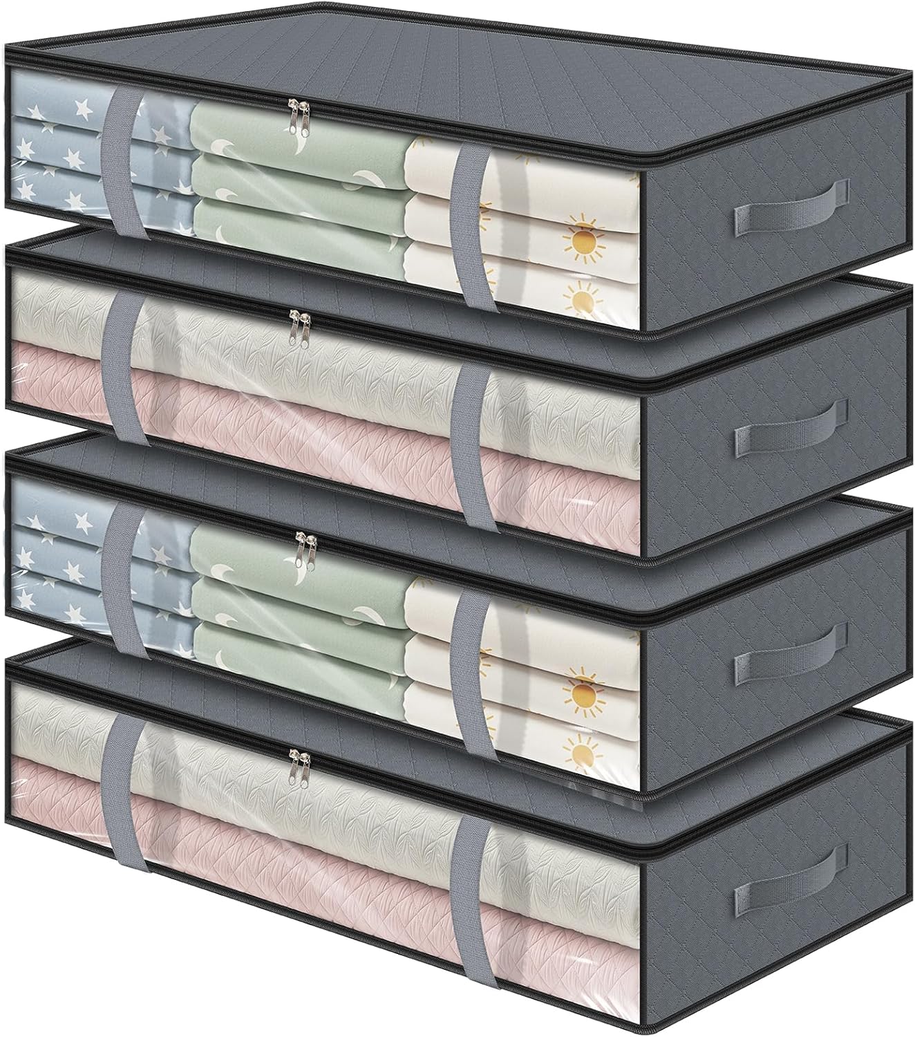 4 Pack 90L Under Bed Storage Containers - Underbed for Clothes, Blankets Closet Organizers and Bags the Bins with Handles & Clear Front - Image 1
