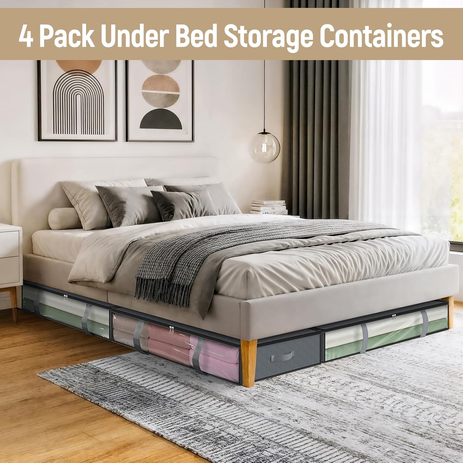 4 Pack 90L Under Bed Storage Containers - Underbed for Clothes, Blankets Closet Organizers and Bags the Bins with Handles & Clear Front - Image 2